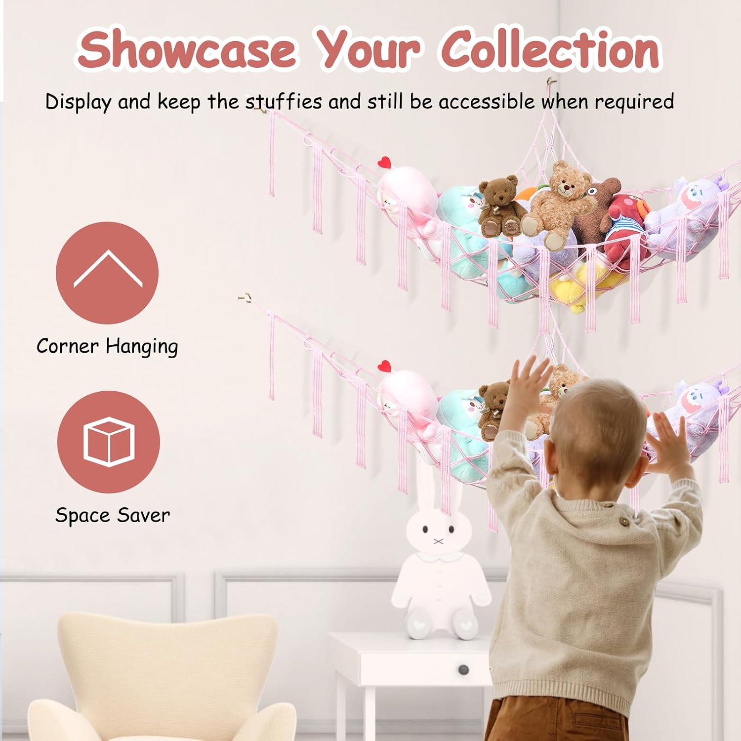 Stuffed Animal Hammock Corner - Net for Stuffed Animals Corner Large - Stuffed Animal Storage Organizer Holder for Teddy Bears Plushie Toys - Toy Hammock for Kids Nursery Room (Pink)