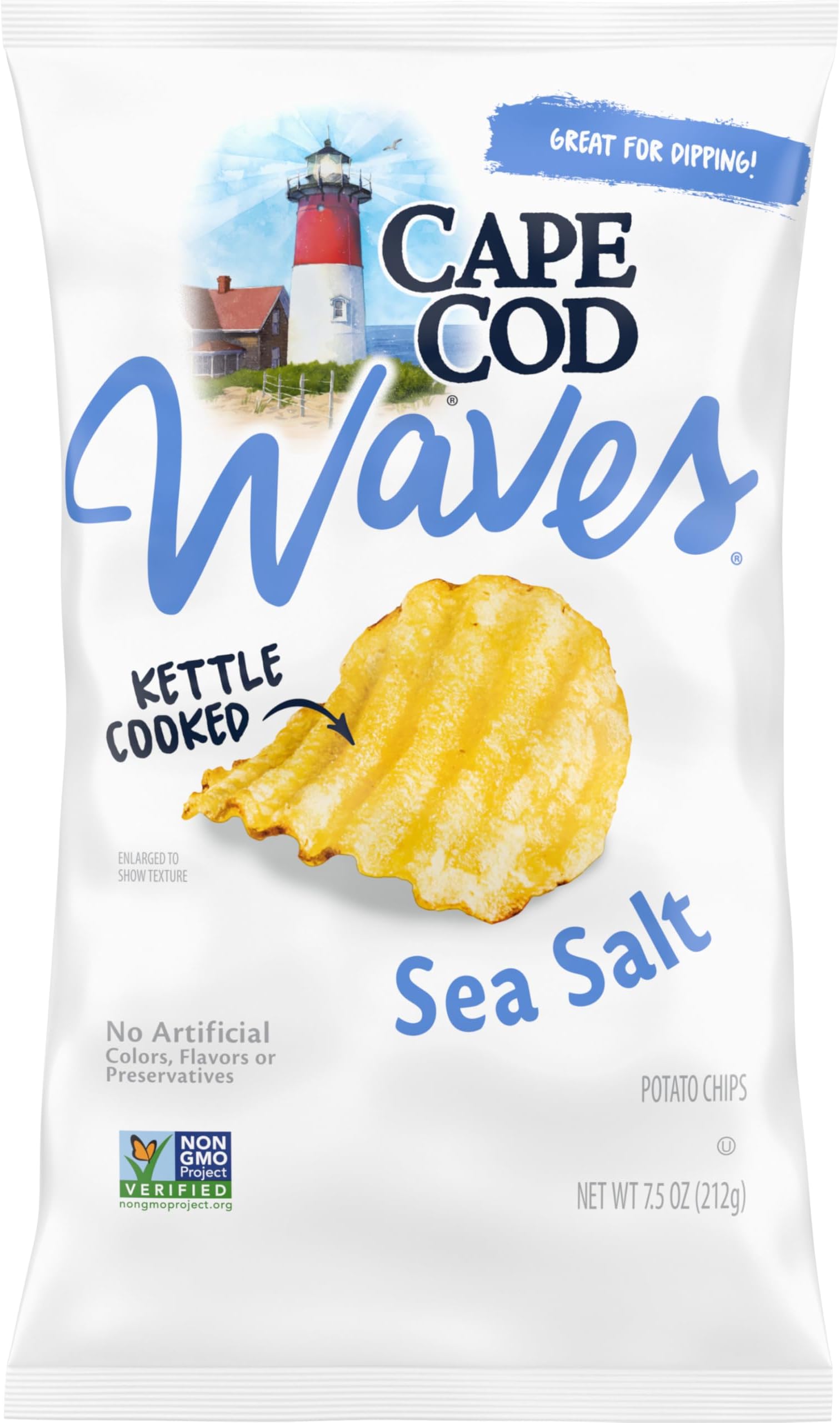 Cape Cod Waves Potato Chips, Wavy Cut Sea Salt Kettle Chips, 7.5 Oz