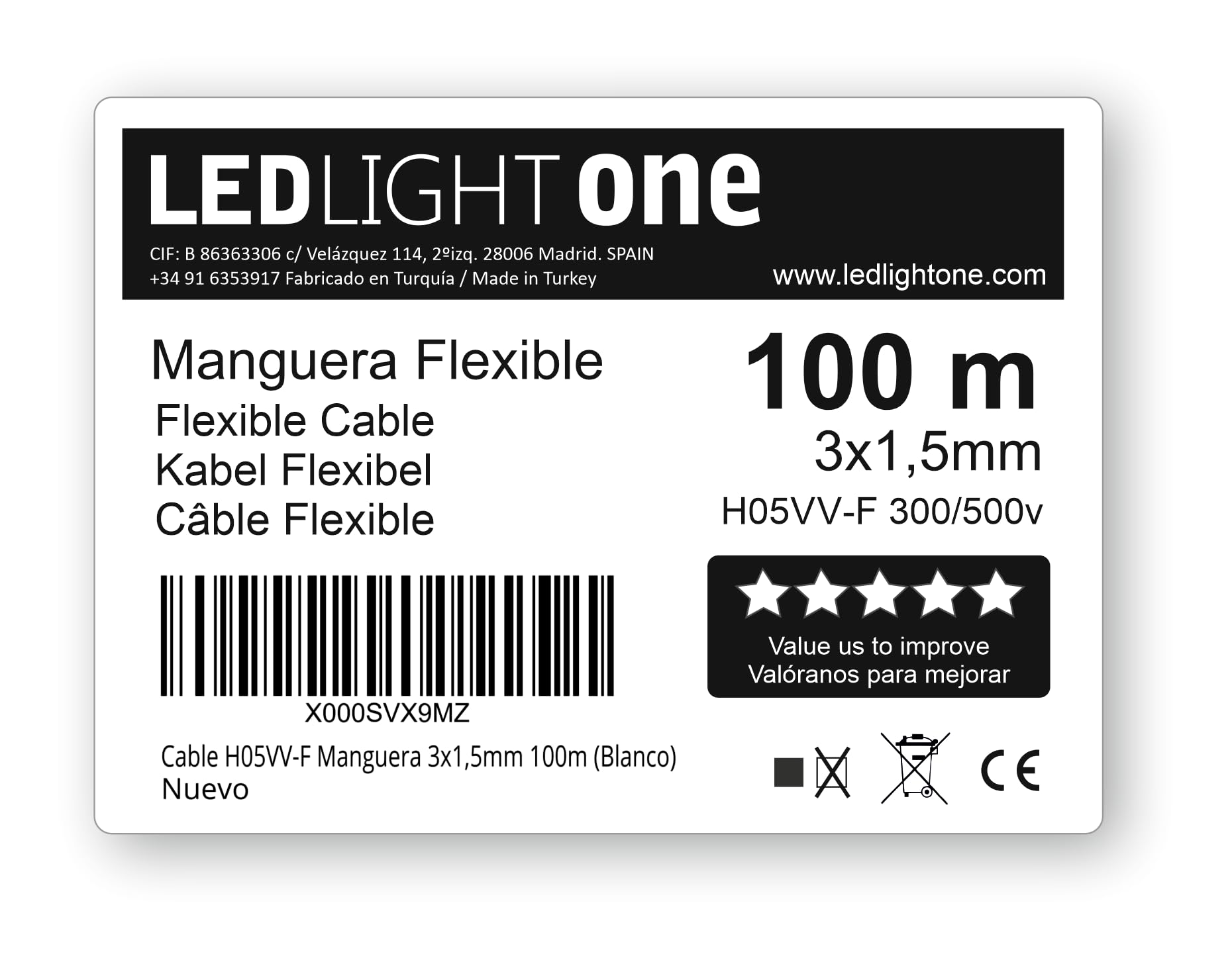 Cavo H05VV-F, tubo 3 x 1,5 mm, 100 m (Bianco) Tensione di esercizio: 500v Temperatura massima di esercizio 70º. Cavi per installazioni fisse e mobili in ambienti domestici e uffici.