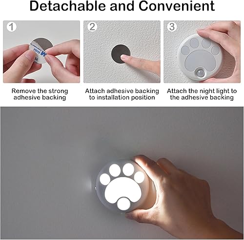 Miniatura 5 de Attivolife Luz nocturna con sensor de movimiento de pata de gato con lámpara LED magnética, recargable por USB e inalámbrica, bonita luz de pared