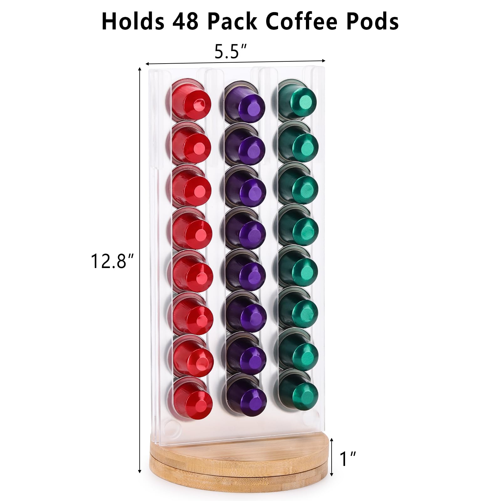 Tbestmax Acrylic Coffee Pod Holder - Clear, Double Sided (48 Cup Pods), 360 Degree Rotation, Wooden Base