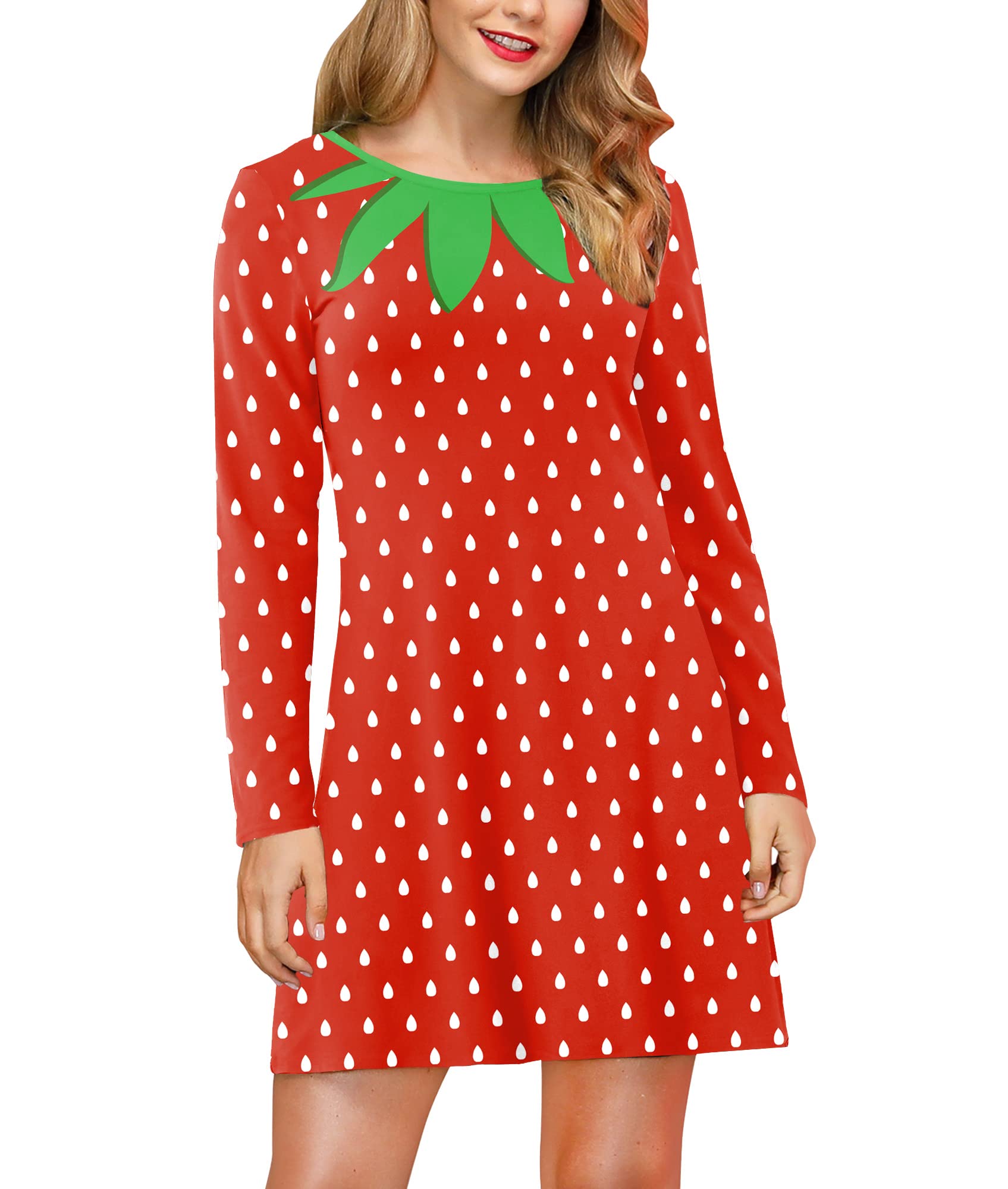 SpadehillWomen's Halloween Long Sleeve Round Neck Costumes Fruit Printed Pockets A-Line Mini Dress