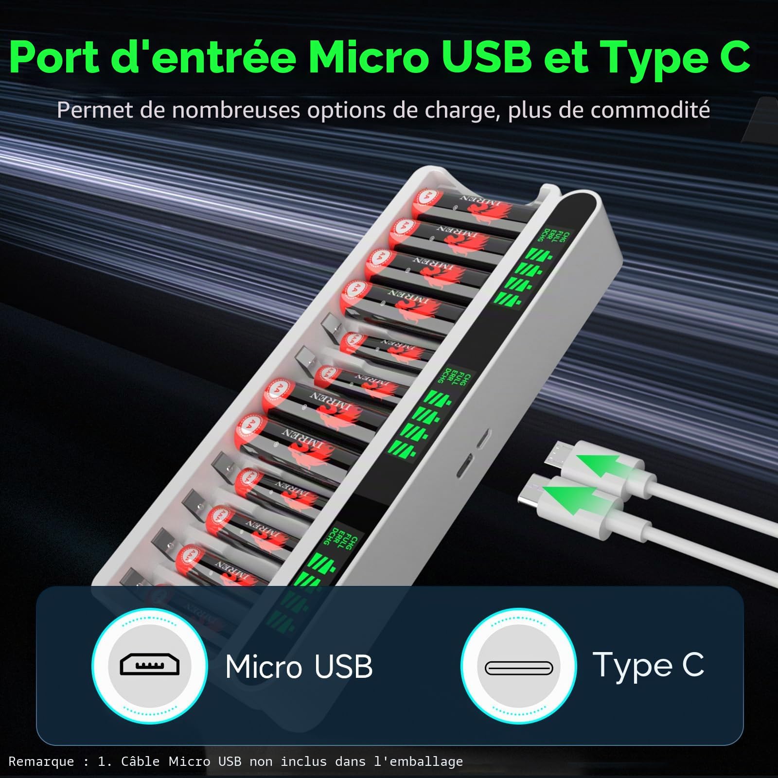 IMREN Chargeur de Piles Rechargeables, 12 Slots de Charge Indépendants avec écran LCD, 5V 2A Type-C et Entrée Micro USB, pour Batterie Rechargeable NiMH/NiCD AA AAA