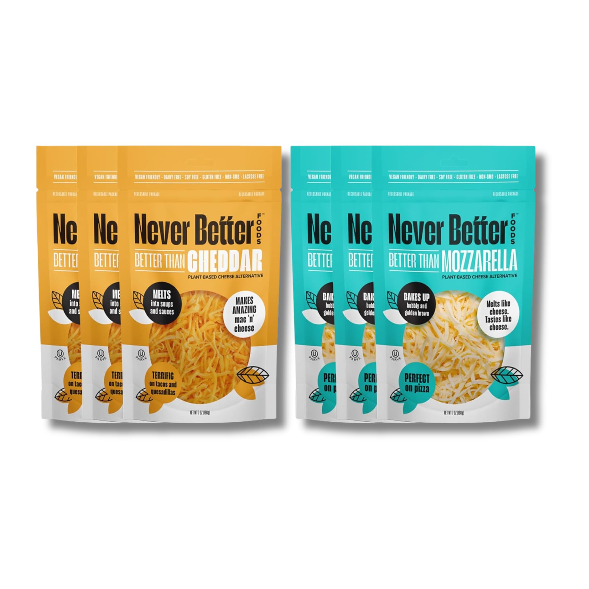 Never Better Foods Plant-Based Shredded Cheddar & Mozzarella Cheese Blend, 6 Pack (6 x 7 oz Bags), Dairy-Free, Vegan, and Allergen-Free, Ideal for Cooking, Melting, and Meal Prep