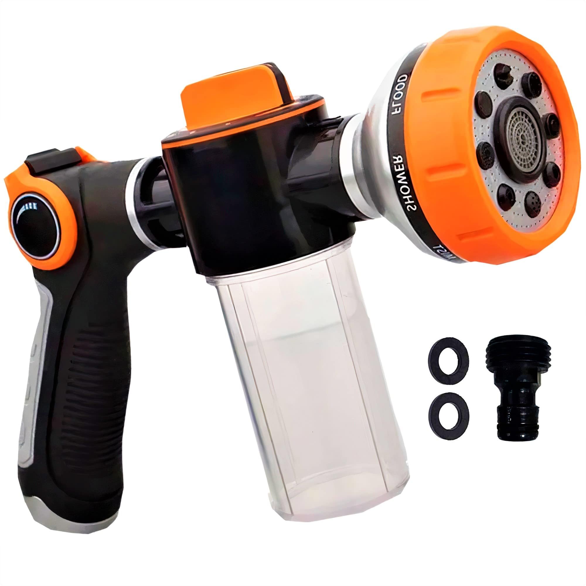 Car Wash High Pressure Garden Hose Nozzle with Soap Dispenser – Heavy Duty Soap Sprayer Hose Attachment for Pet Bathing & Lawn Watering, 8 Spray Patterns, 3.5 Oz Capacity, Ergonomic Grip