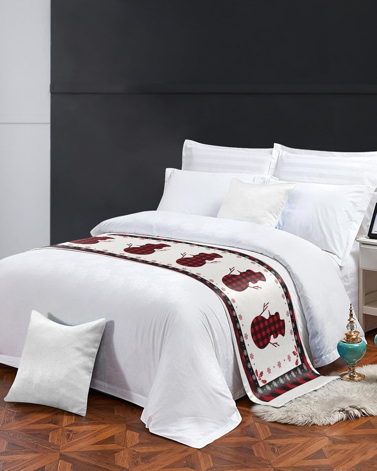 Teamery Bed Runners & Scarves, Red and Black Lattice Snowman and Background Bed Runner, Bed Scarf Protector Decorative Accent Bedding Scarf for Hotels Homes and Guestrooms, 83 x 20 inches
