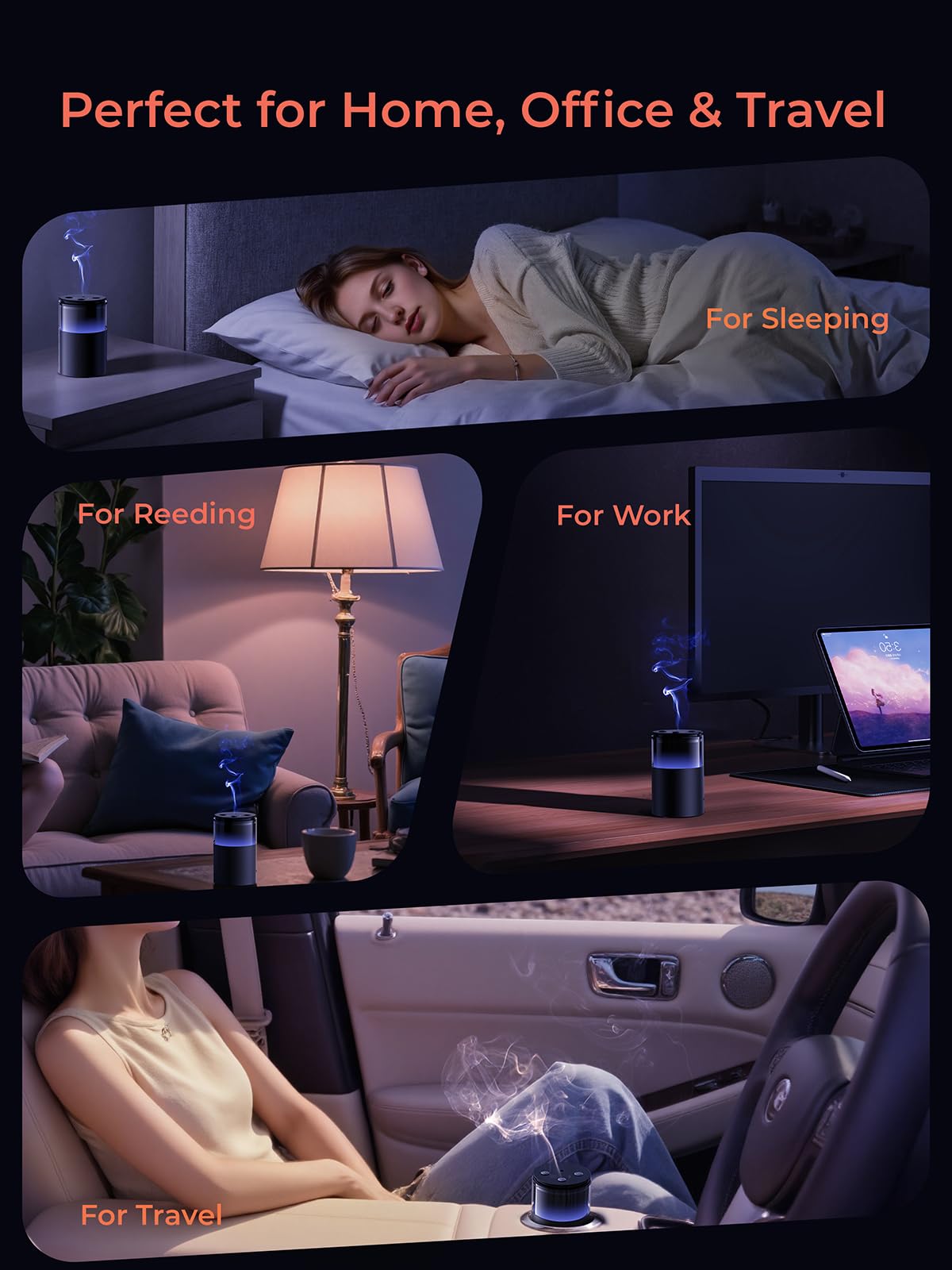 Diffuseur sans eau pour huiles essentielles : mini diffuseur de parfum à batterie pour chambre, maison et voiture avec 9 couleurs de lumière LED – Arôme brume froide Obsidienne noire