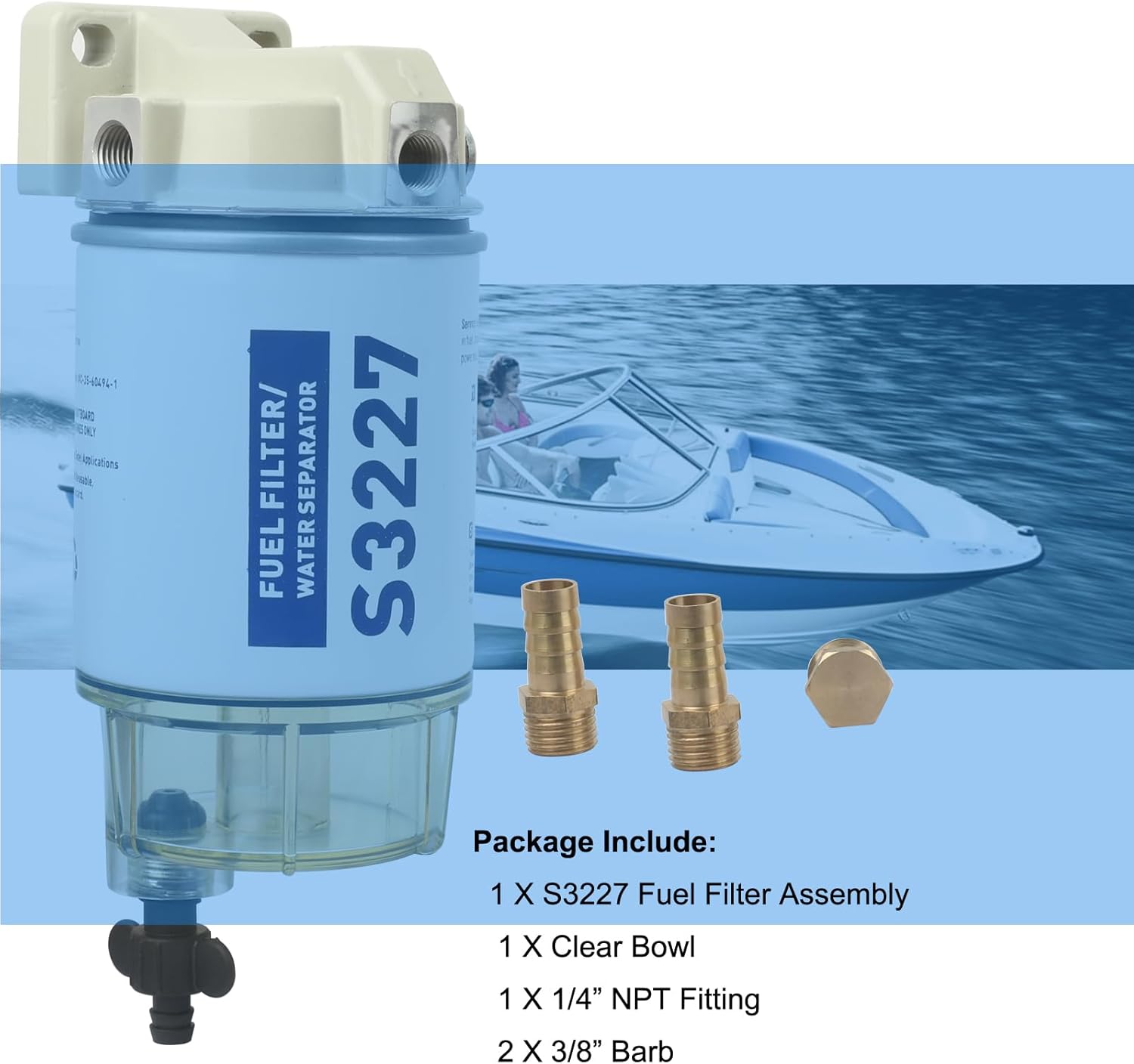 S3227 Fuel Filter Marine Fuel Water Separator Assembly Replacement for Marine Outboard Motor Mercury Replace# S3227 320R 490R-RAC-01 18-7948 9-37882 18-7922 18-7922-1(S3227 Assembly)