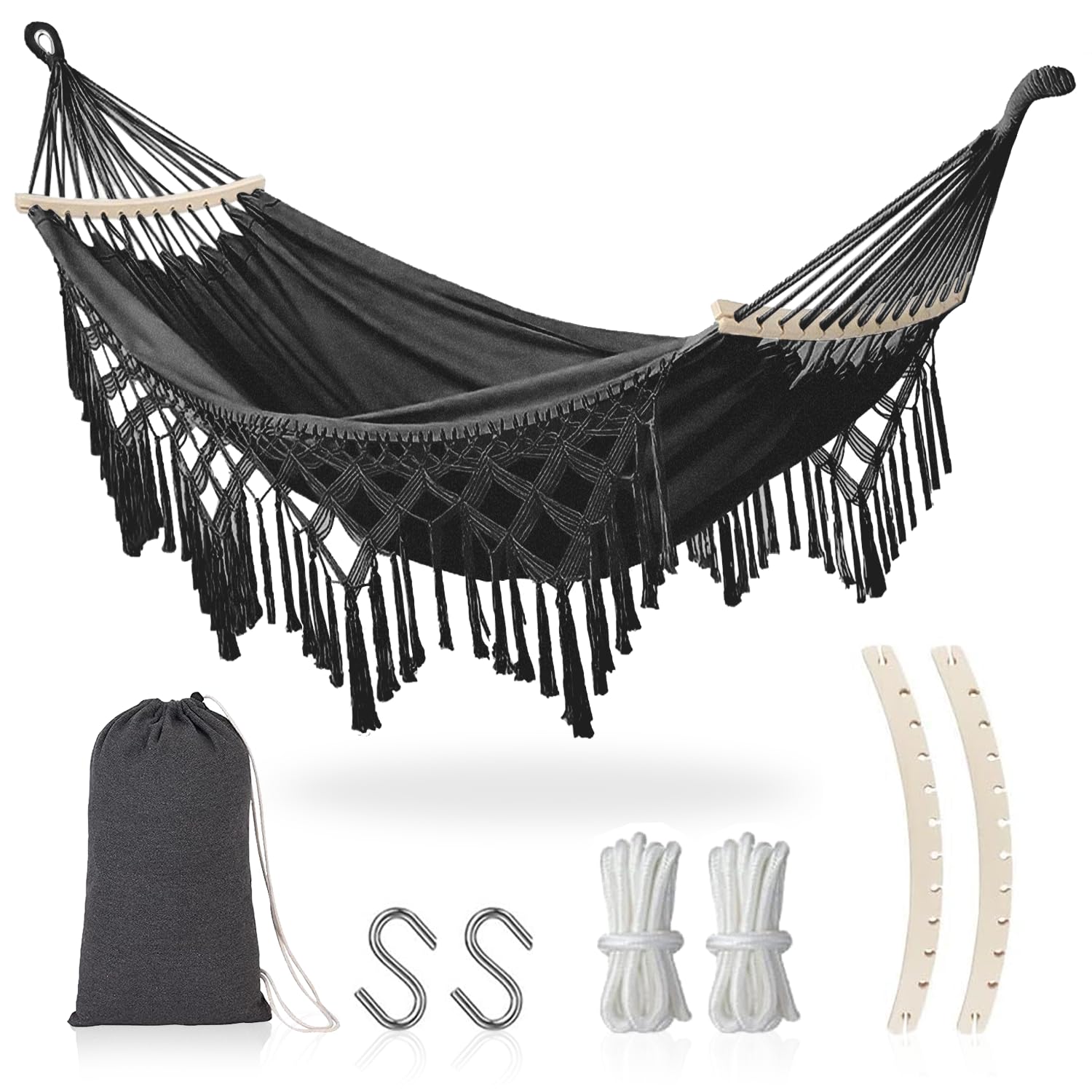 Hängematte Outdoor Boho, XXL Übergroßer Hängematte Hängesessel 2 Personen max 440 lbs, Hängeschaukel mit Tasche Holzstange Hängematte Indoor & Outdoor für Patio Garten Terrasse Wohn-Schlafzimmer