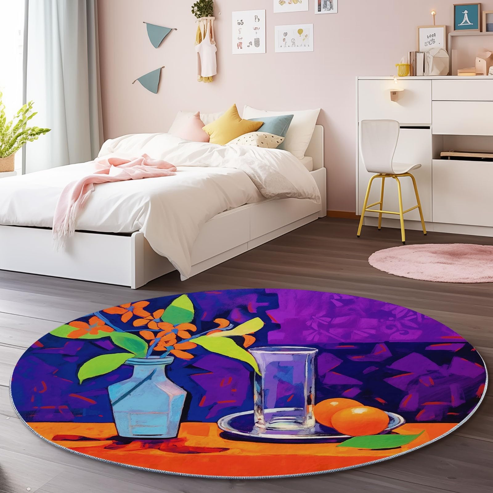 Tapis rond abstrait lavable en machine pour deco chambre coucher