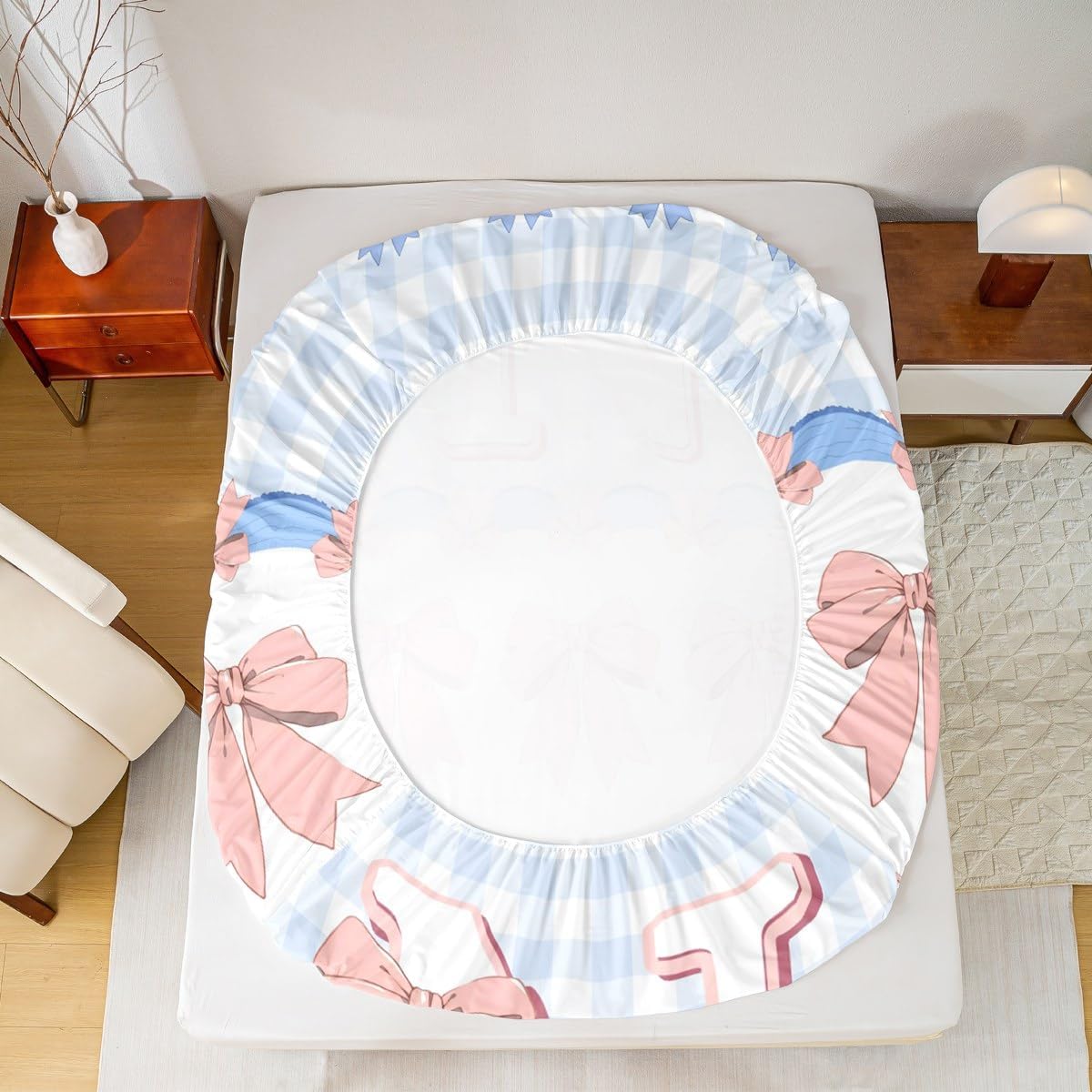 Initial A-Z Mattress Cover Queen Size,Pink Bowknot Initial N Print Fitted Sheet with 2 Pillowcases,Kawaii Bow Tie Blue Checkered Polyester Mattress Protector for Kids,(No Top Sheet)