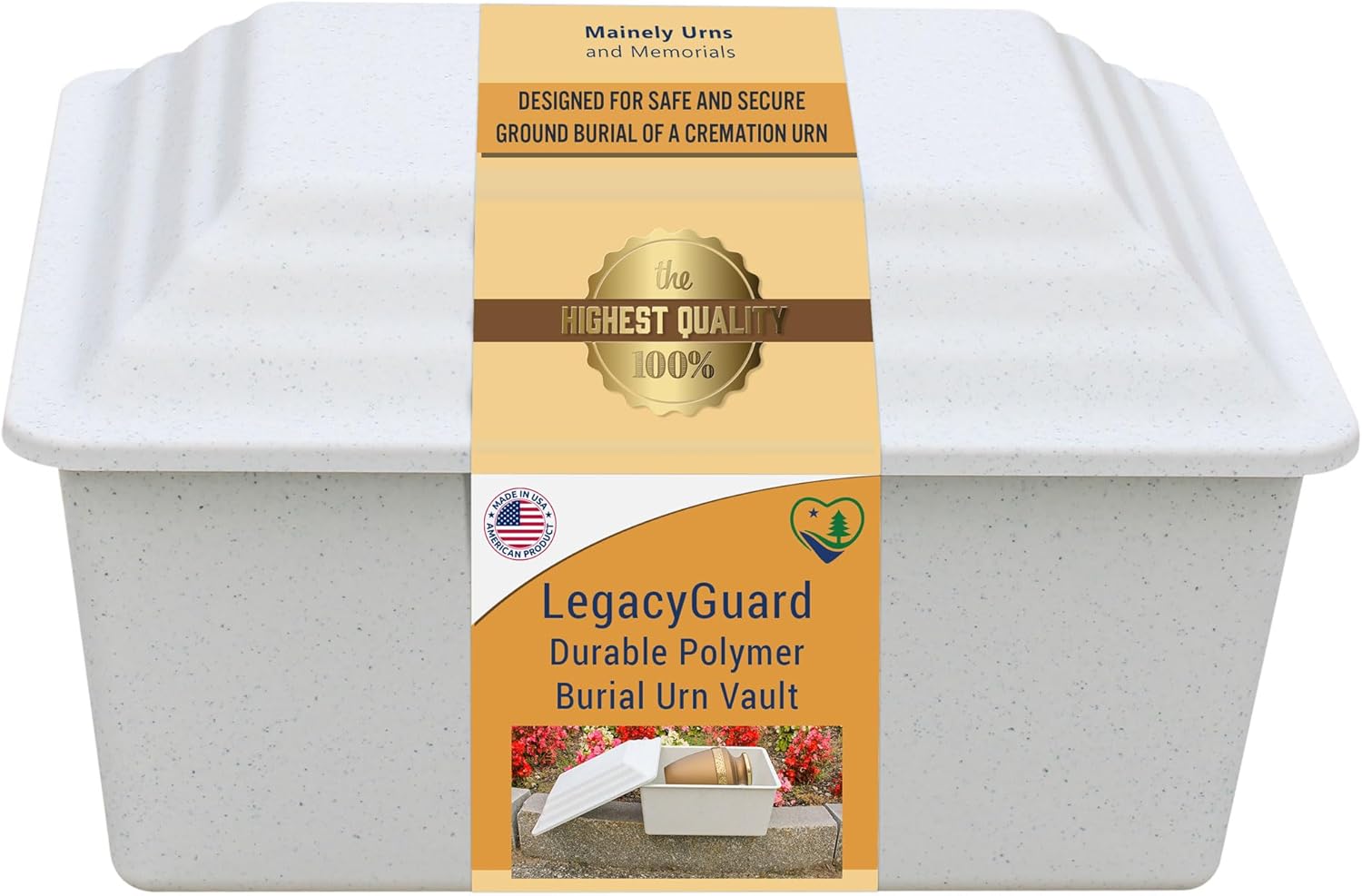 LegacyGuard Durable Polymer Burial Urn Vault - Vault for Ground Burial of One Cremation Urn - White Granite - Made in the U.S.A. - Mainely Urns