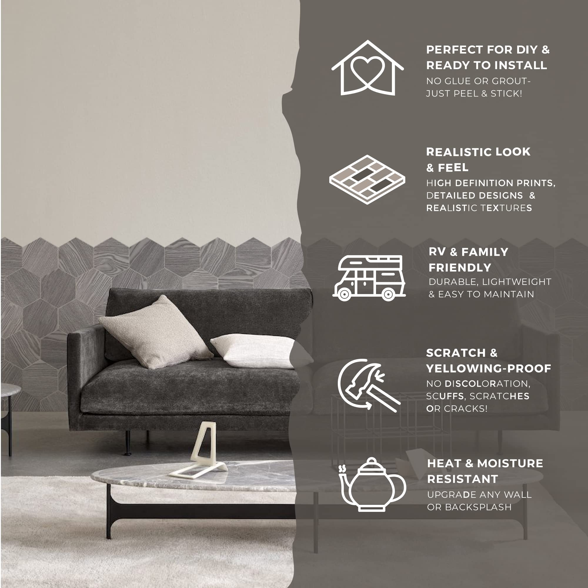 Avant Decor 30-Pack Hexagon Peel & Stick Backsplash Tiles – Stone Composite Wood Grain, 6" X 6.9", 6.5 Sq Ft
