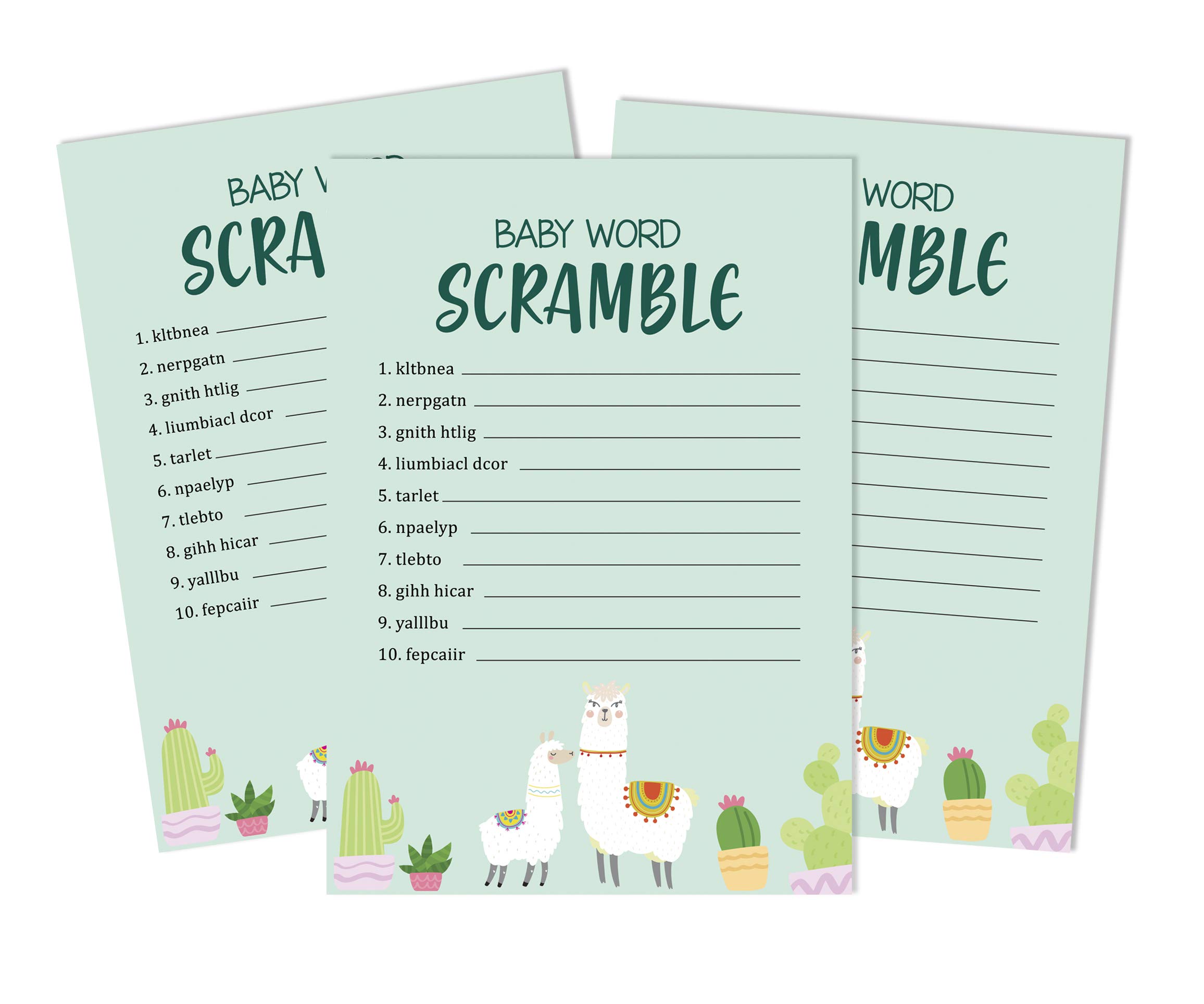 Inkdotpot 50 Pack Baby Word Scramble Baby Shower Game Cards Llama Gender Neutral Party Supplies Fun Baby Shower Game Favors