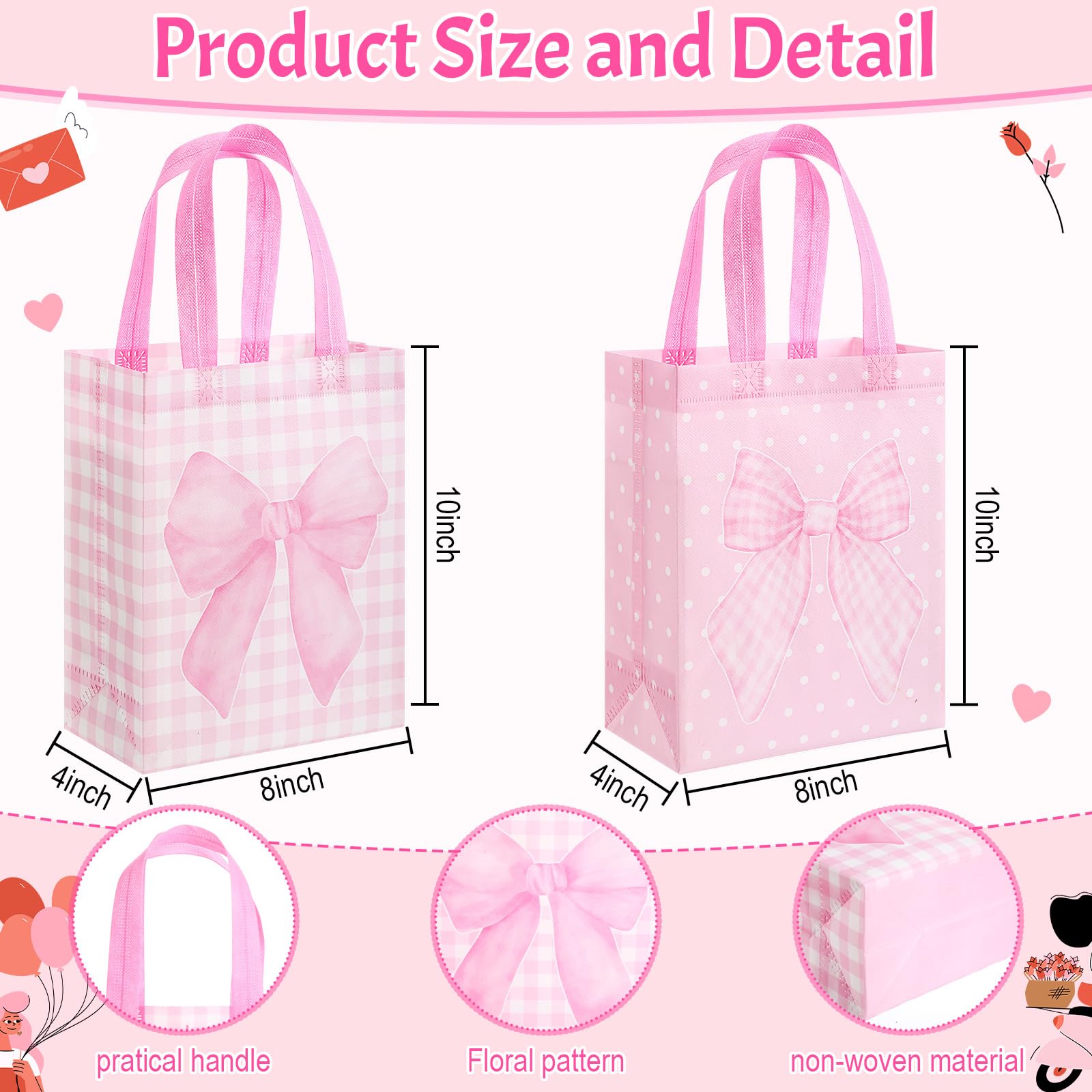 Wovnet 30 Pcs Pink Bow Gift Bags Reusable Non Woven Party Favor Bag Coquette Bow Goodie Treat Bags with Handle for Girls Wedding Bridal Shower Tea Party Birthday 10 x 8 x 4in