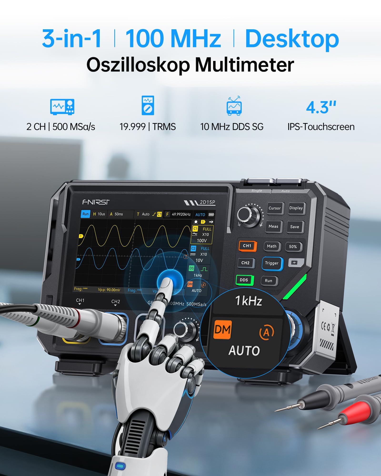 FNIRSI 2D15P 100MHz Digitales Oszilloskop Multimeter DDS-Signalgenerator 3 in 1, 2CH Oszilloskop Multimeter für die Automobilindustrie 19.999 TRMS-Zählwerte, 500MS/s Abtastrate, 4,3 Zoll Touchscreen