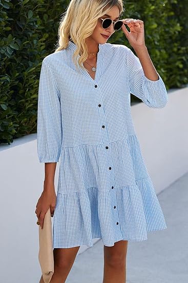 Plaid Print Shirt Dresses Button Up 