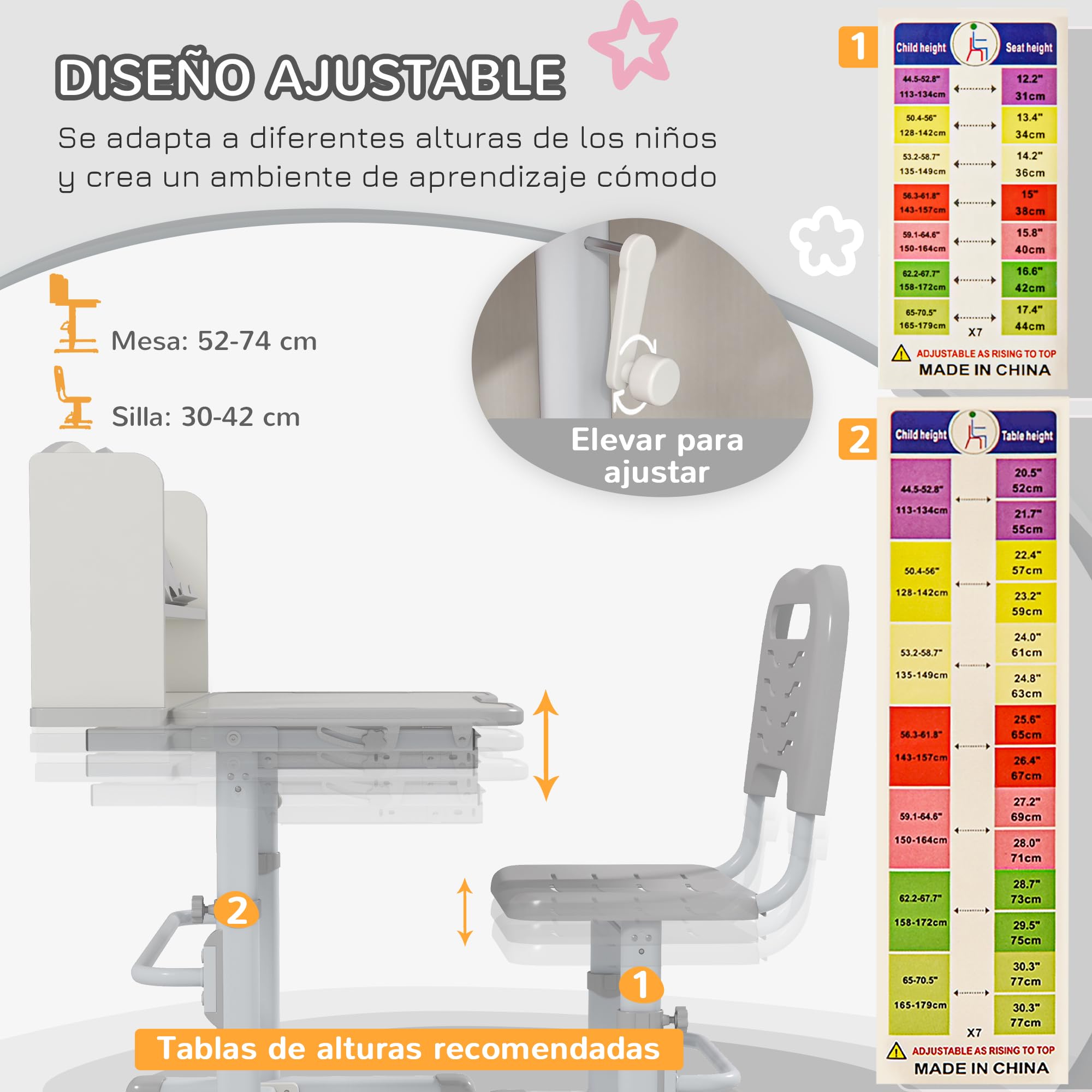 ZONEKIZ Juego de Escritorio y Silla para Niños de 6-12 Años Pupitre Infantil Altura Ajustable con 1 Cajón 1 Estante para Libros y Ángulo de Mesa Ajustable 80x54,5x82-104 cm Gris y Blanco