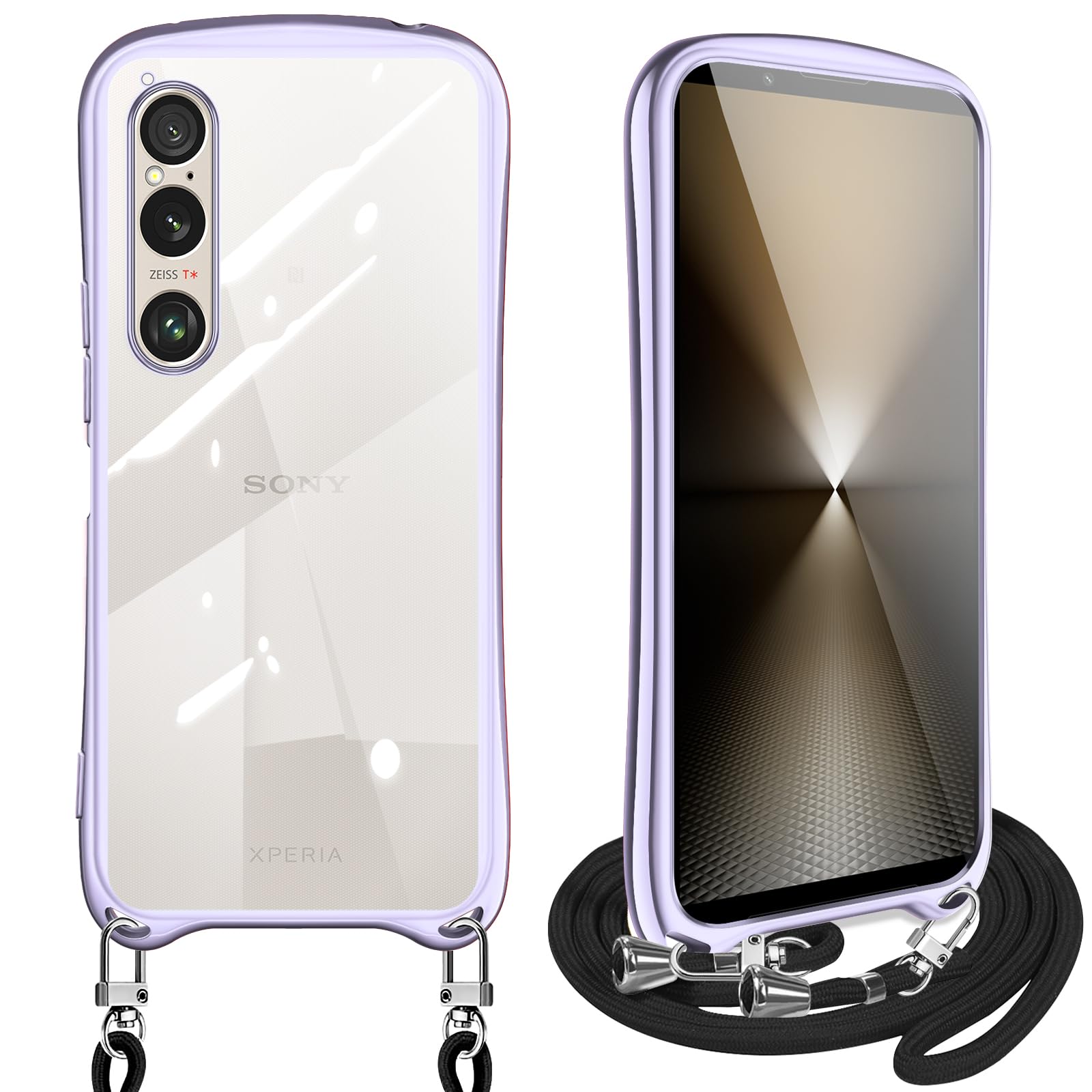 Xperia 1 VI 用の ケース クリア ショルダー SO-51E SOG13 エクスペリア1vi スマホケース カバー 耐衝撃 透明 TPU ストラップ付き 肩掛け 首掛け 紐付き 斜めがけ 取り外し可能 長さ調整可能(ライトパープル)