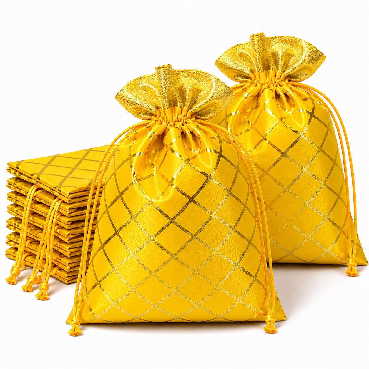 FOXTREE Golden Check Potli Bags | 16X21 CM (6x8 INC) | Reusable Drawstring Gift Pouches for Wedding Return Gifts, Shagun, Jewelry, Dry Fruits, Party Favors, Diwali, Haldi & Mehendi (Yellow, Pack Of 50)-image-23