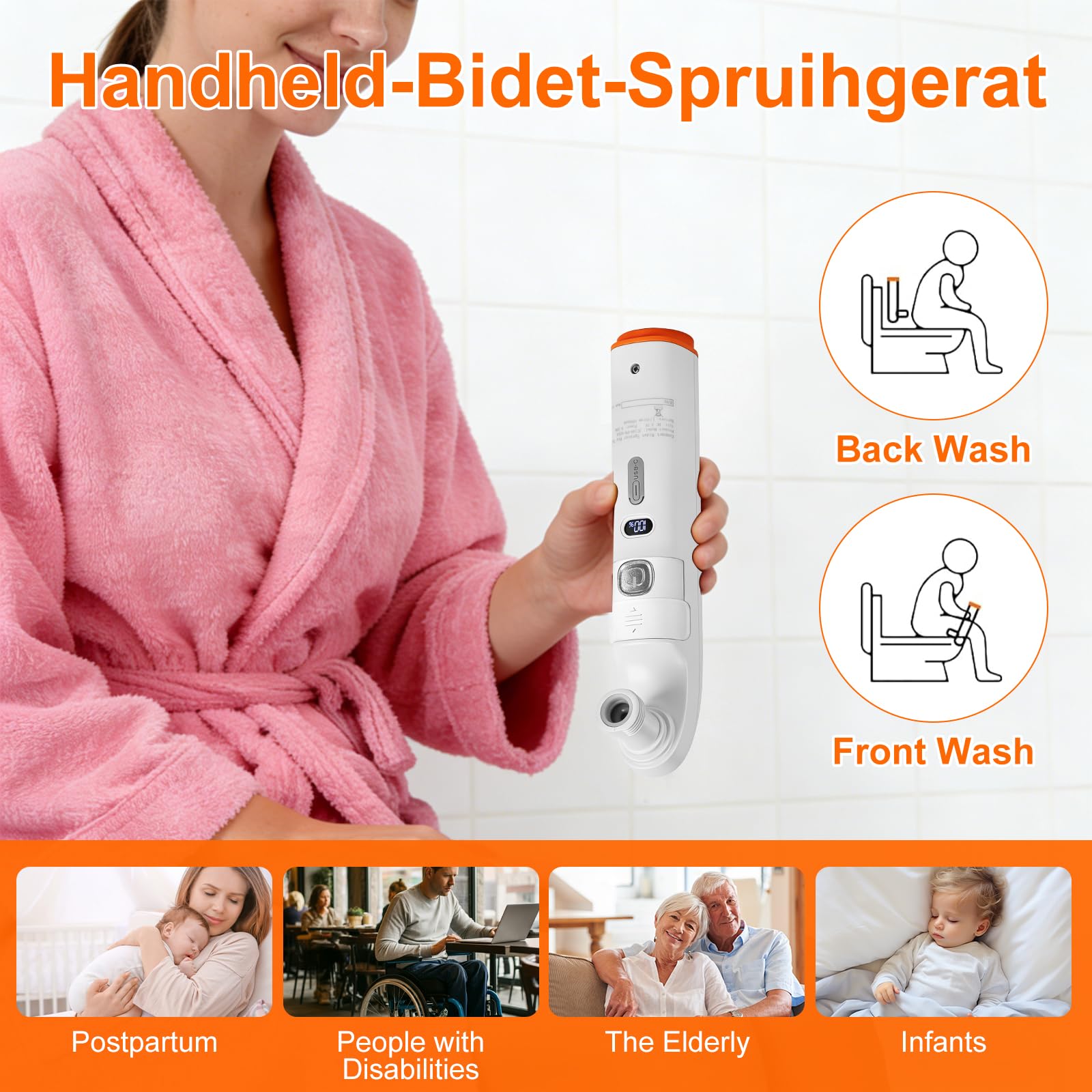 Douche portable de camping - Réservoir d'eau de 2,5 l avec deux buses - Douche de bidet électrique - Jet d'eau réglable USB-C - Rechargeable - Idéal pour les personnes âgées, les femmes enceintes et