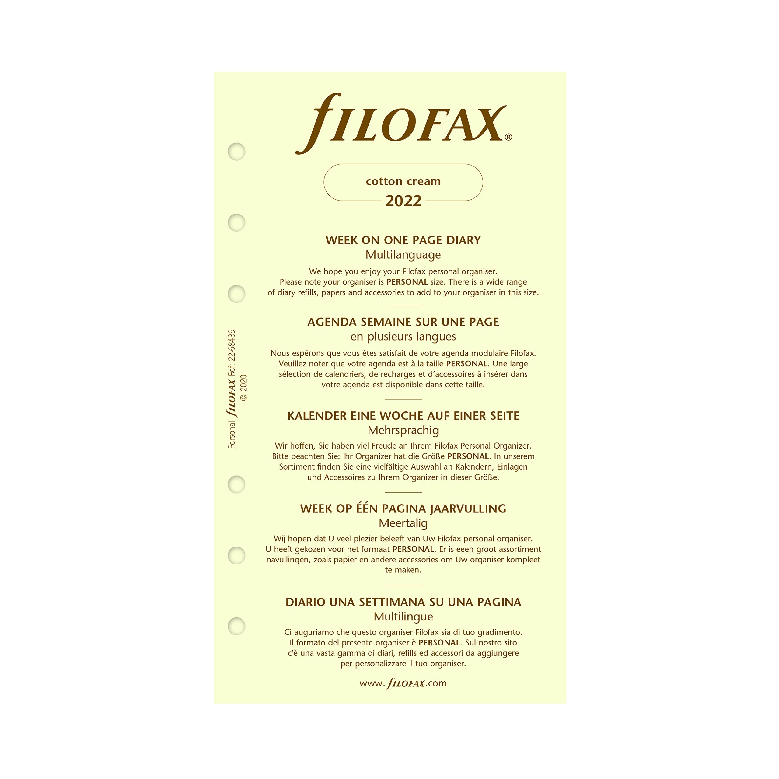 Filofax - Ricarica, formato personale/compatto, settimanale su una pagina, carta di cotone, senza righe, multilingue: cinque lingue, 2022 (C68439-22)
