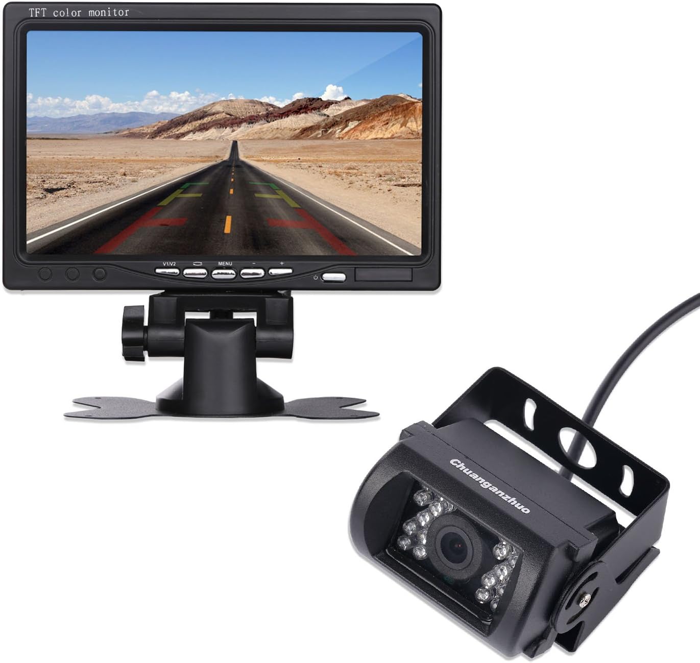 12V 24V Wired Vehicle Backup Camera System-High Definition 7” TFT LCD Monitor and 18 IR Light Night Version Backup Camera with 45ft RCA Video Cable for Bus Truck Trailer Van lorry heavy duty car van