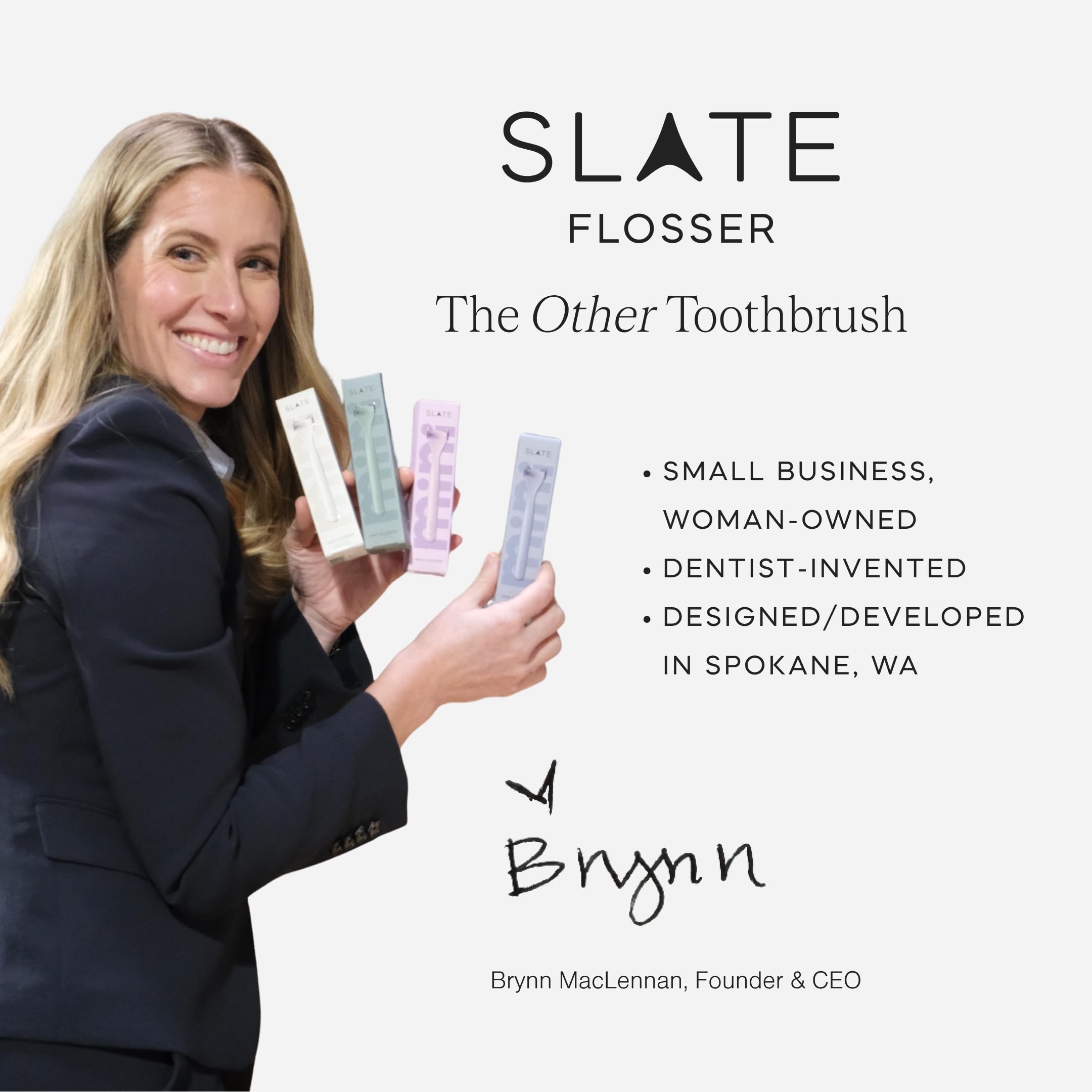 Slate Flosser Clean SLATE Set – Hilo dental eléctrico Origin + mini hilo dental de viaje + 12 cabezales de hilo dental suaves – Sonic, barrido de encías y raspador de lengua – no tóxico, sin PFAS
