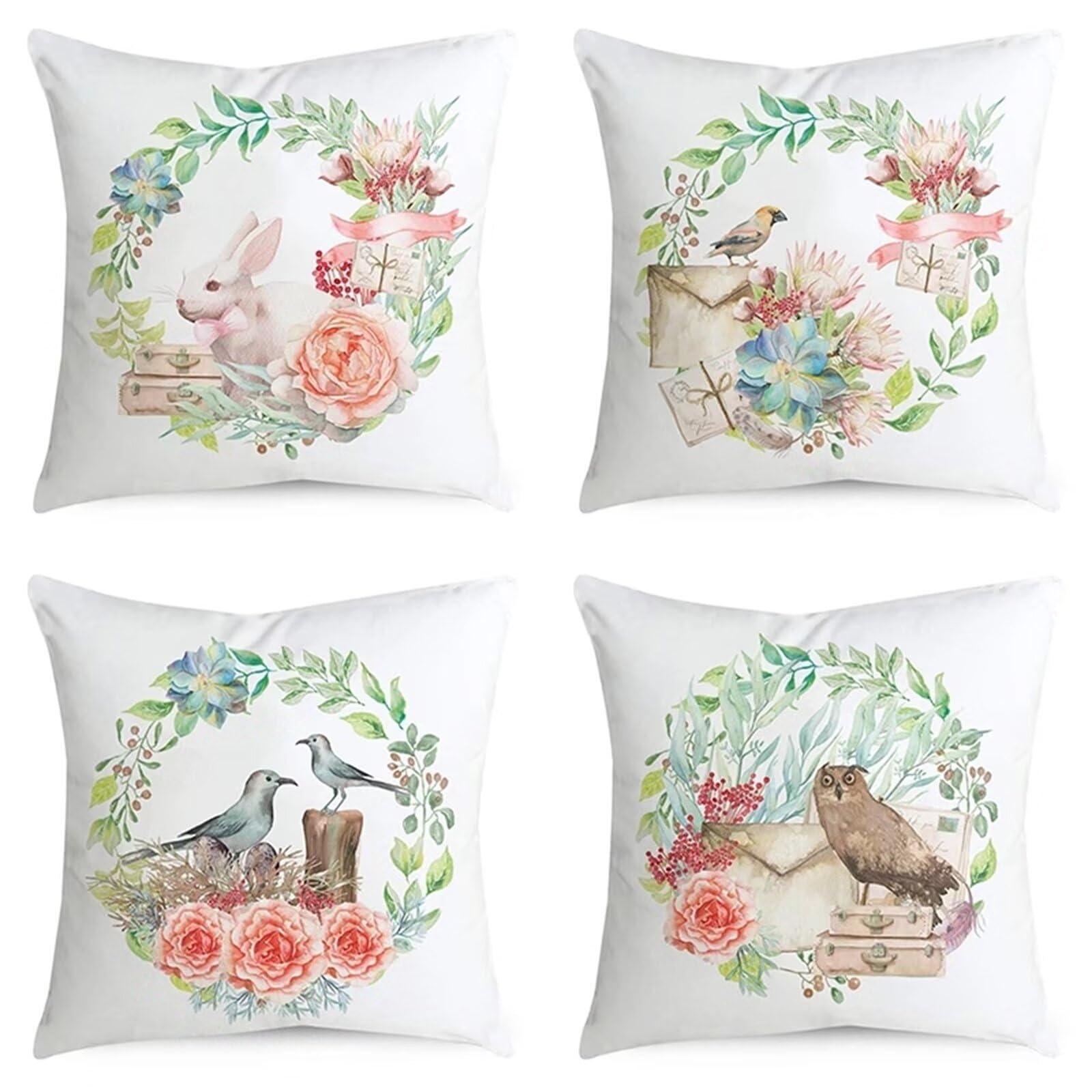 Federe Cuscini Divano 55x55cm Set di 4 Bianco Copricuscini,Bifacciale morbido Cuscini Divano con Cerniera Invisibile Animale Uccello Fodere Cuscini,per Letto Sedia Soggiorno Camera Decorativo JN-8252