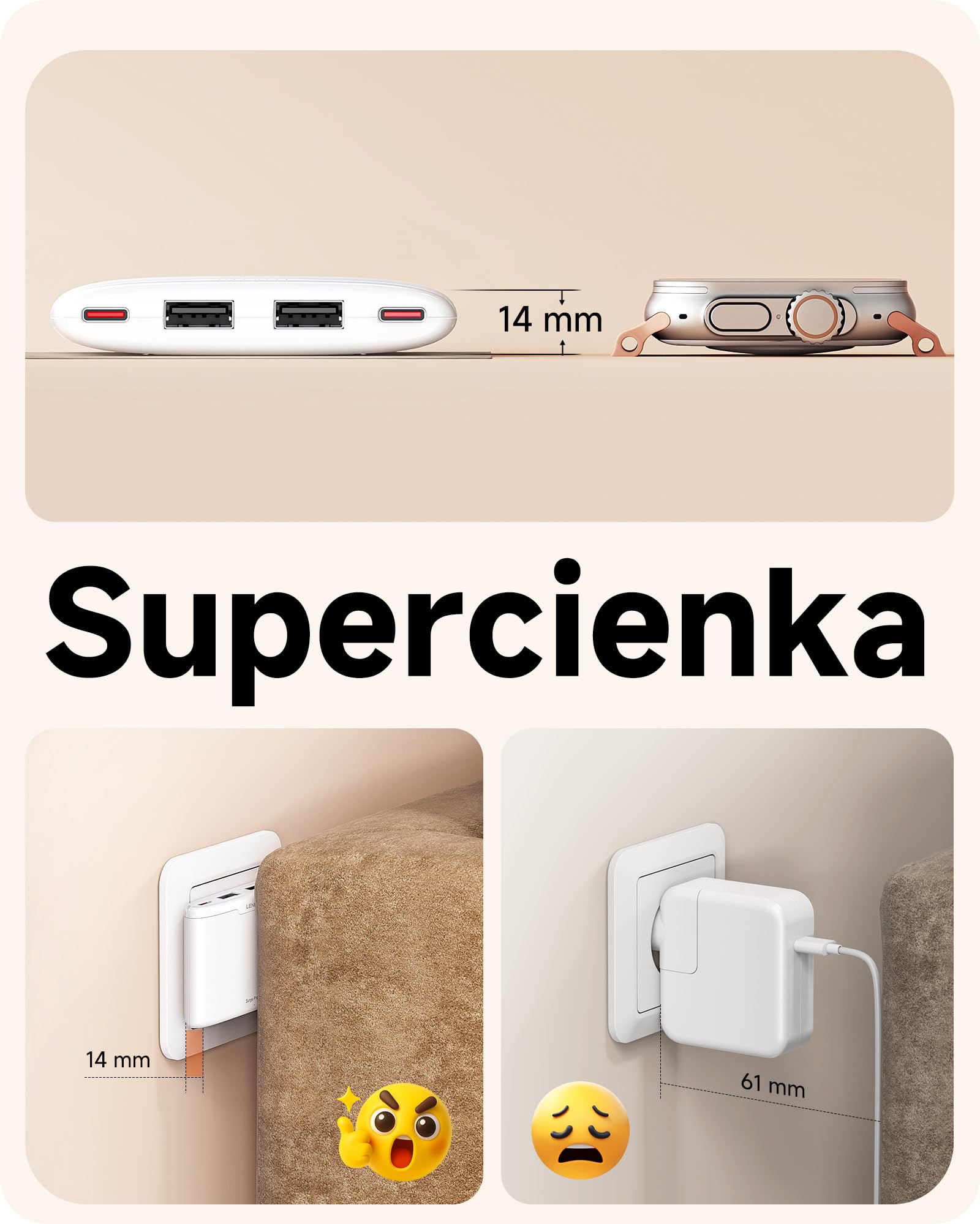 LENCENT Ładowarka USB Slim do ściany, wtyczka do ładowania EUładowania | z 4 gniazdami 17 W USB-C Ładowarka szybkie ładowanie, kompatybilna z iPhone 17/16/15, iPad, telefon komórkowy, tablet