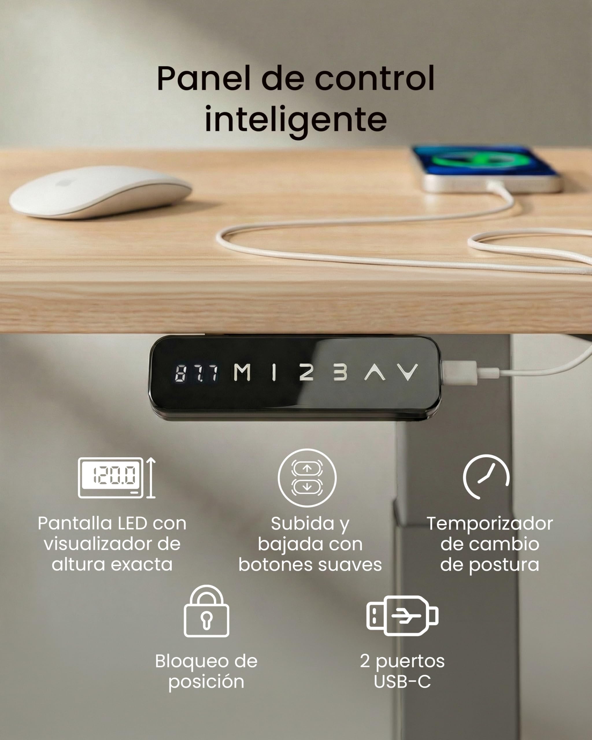 unycos - Escritorio Elevable Eléctrico con Tablero y Puertos USB 3.0, Mesa con Opciones de Altura, Doble Motor, Función Memoria/Anticolisión, 120 * 80 * 2.5cm (Gris/Madera, Core Dual)