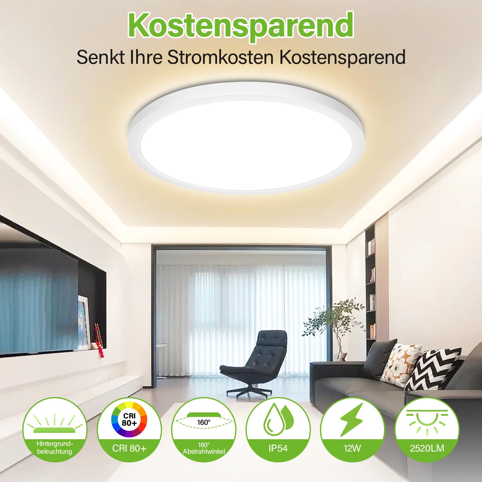 Bzavor LED Deckenlampe Effizienzklasse A 210lm/w 4000K 11W 2600lm,Rund Ø30cm LED Deckenleuchte Flach IP54 Wasserfest Lampe Panel für Küche Wohnzimmer Badezimmer Flur Schlafzimmer, Weiß, Ultra Dünn
