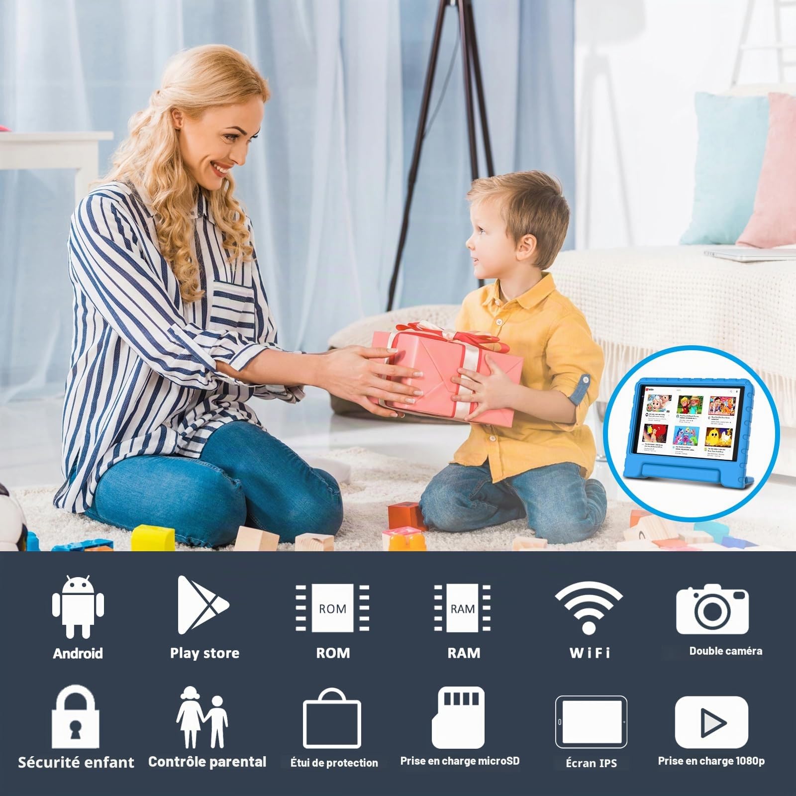 Tablette Enfants 8 Pouces Android Tablette avec Sufficient RAM + ROM(TF 2To), Très Longue Enduranceavec GMS Certified, WiFi, Bluetooth, avec Double Caméra Écran FHD Tablettes avec Étui Anti-Chute-Bleu