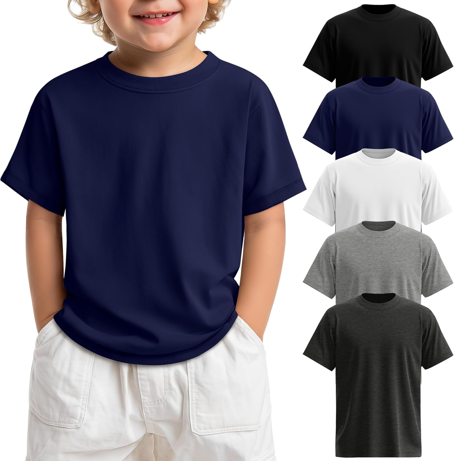 5 Pack Toddler Boys' Short Sleeve Shirts Little Kids Solid T-Shirts Summer Crew Neck Loose Fit Top Basic Tee 18M-5T