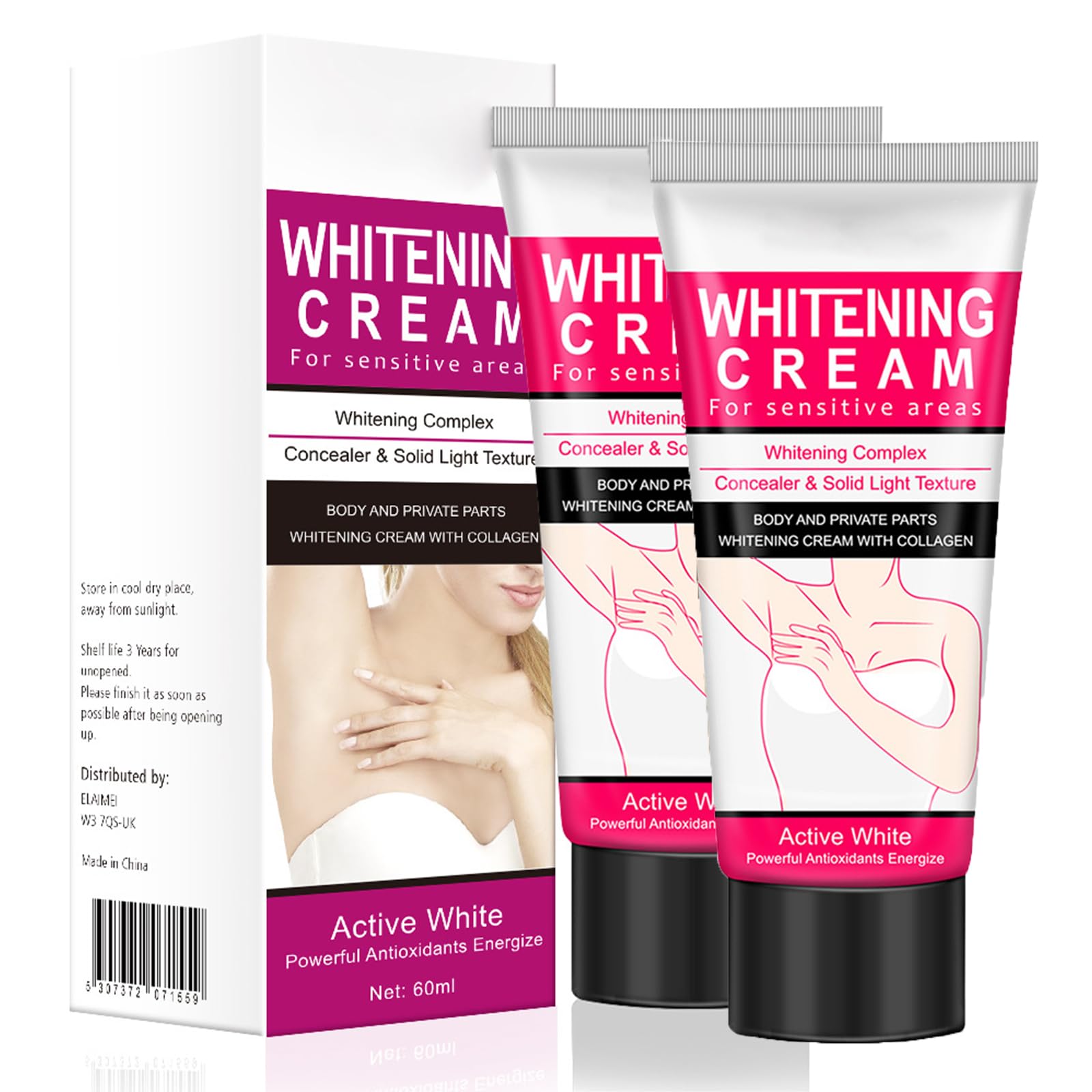 Crema Aclaradora, Crema para aclarar las axilas y partes intimas, Crema aclaradora de partes intimas, Adecuado para aclarar varias áreas como cara, axilas, cuello y áreas íntimas (2Pcs)