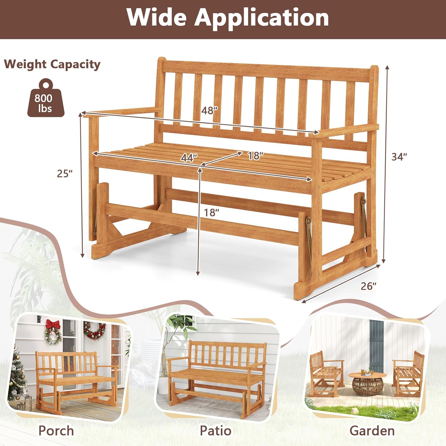 Tangkula 2-Person Outdoor Acacia Wood Glider Bench, Heavy Duty 800 LBS, Patio Swing Rocking Loveseat with Slatted Seat and Backrest for Porch, Garden and Backyard, Natural
