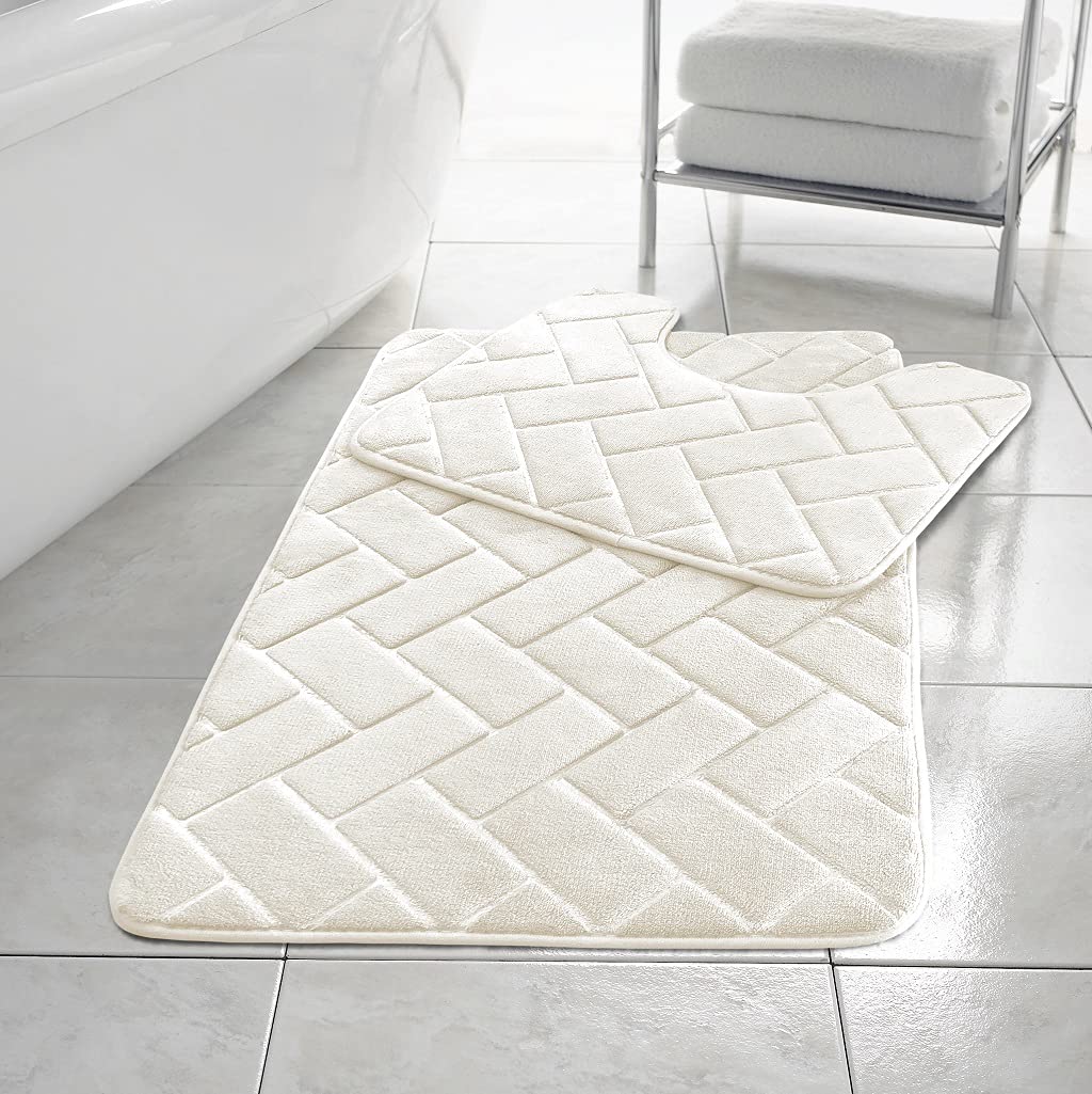 Laam linen Memory Foam Bath Mat Set Soft and Cushioned Modern Block Bricks Design Pedestal Toilet Mat 2 Piece Soft Hygienic Polyester Material Foot Comfort (Cream, 50x50cm-50x80cm)