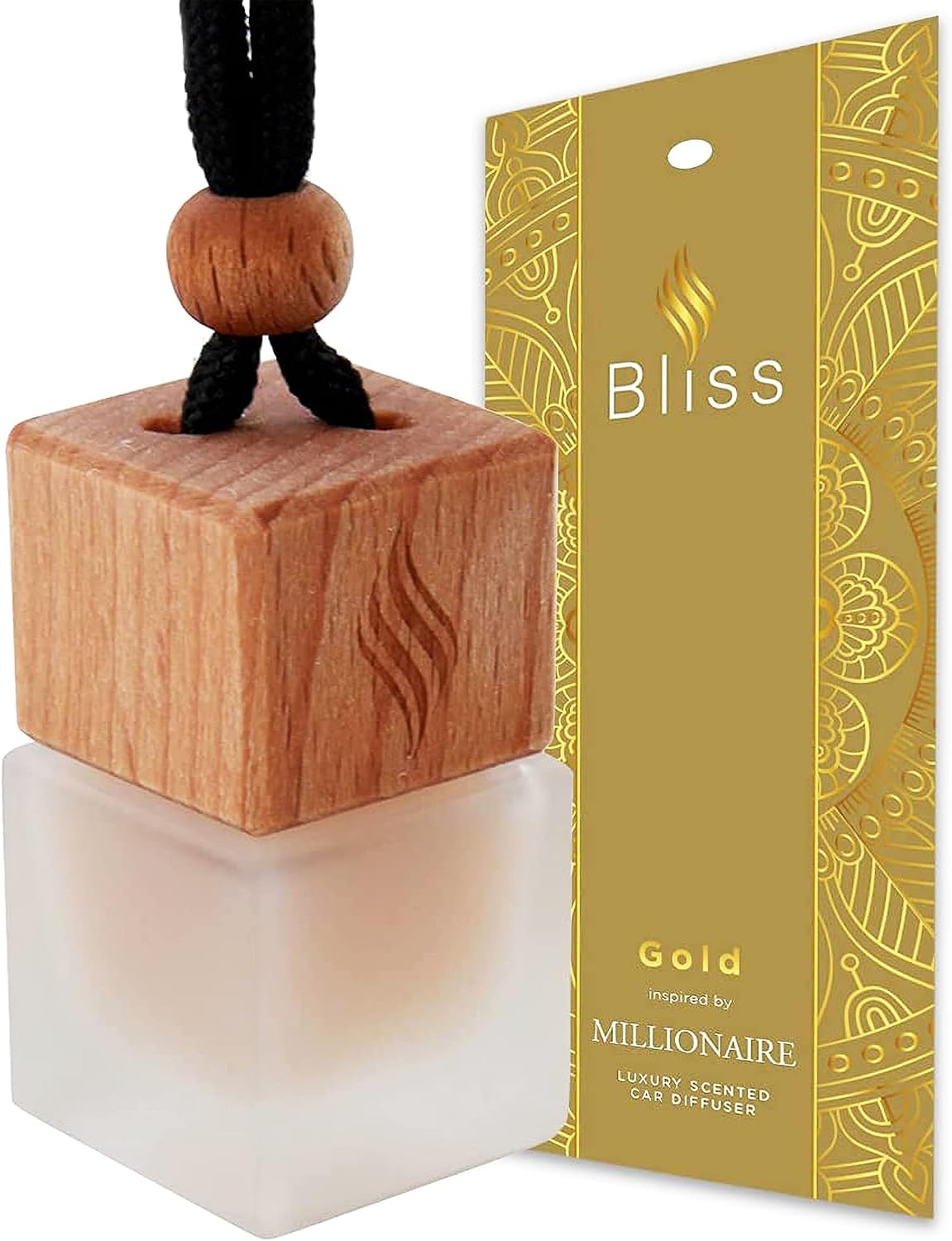 Bliss Fragrance - Bliss Gold Millionaire Car Air Diffuser for Men - Wooden Cap & Cube Bottle - 60ml