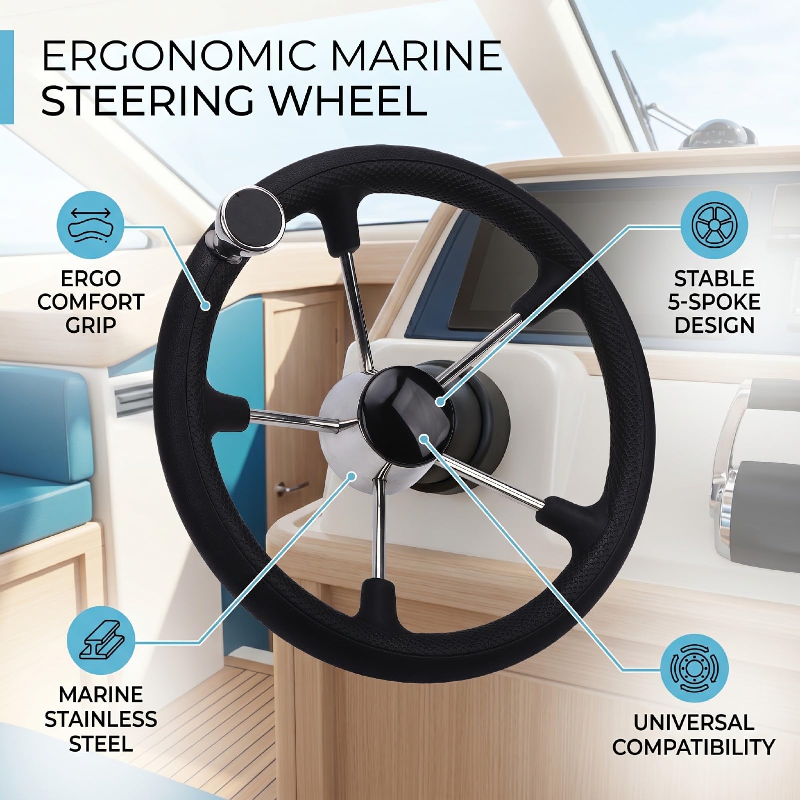 Volante Marino da 13,5 Pollici, Volante per Barca in Acciaio Inossidabile, per Yacht con Impugnatura Antiscivolo, Design a 5 Razze con Fori di Montaggio Standard per