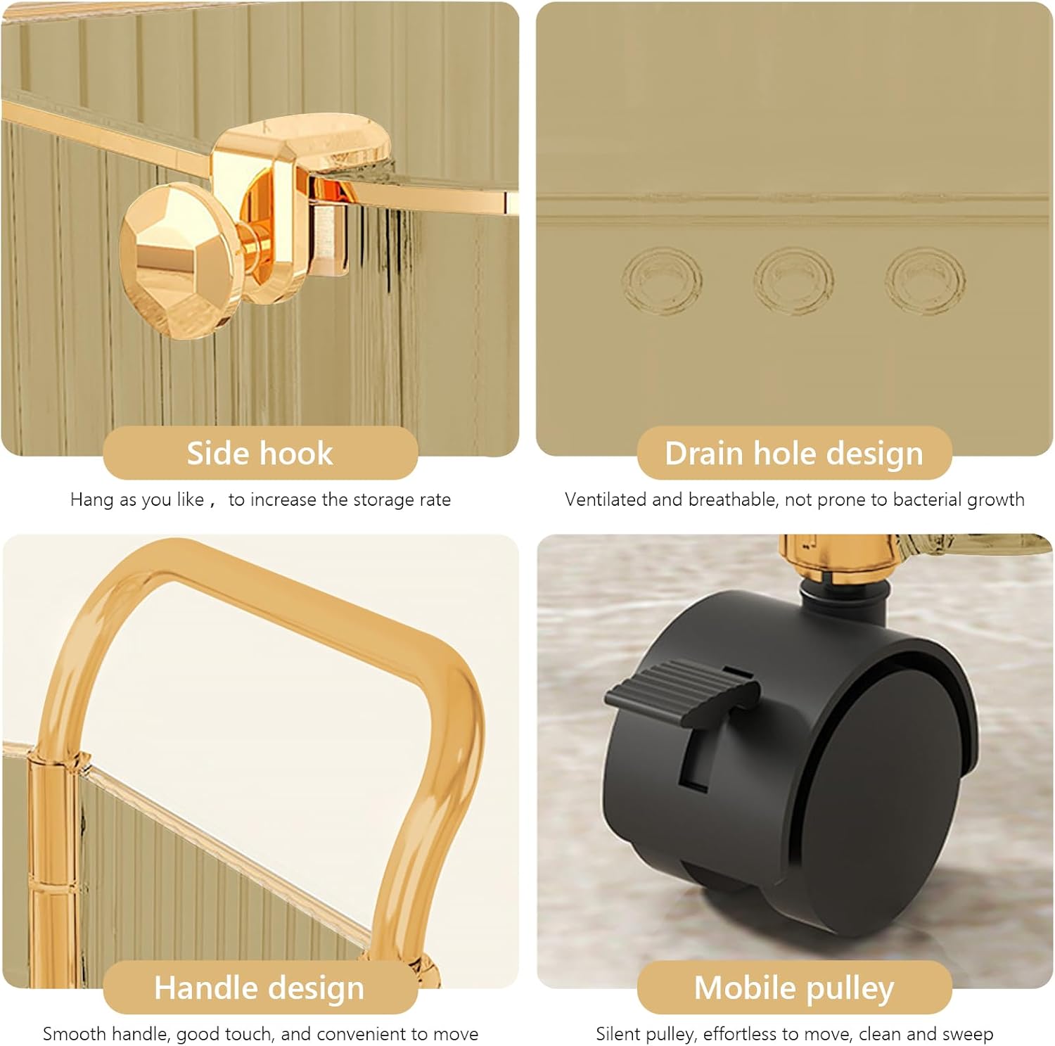 3-Tier Acrylic Rolling Storage Cart, Amber, Kitchen, Living Room, Office, 14''X10''X27''