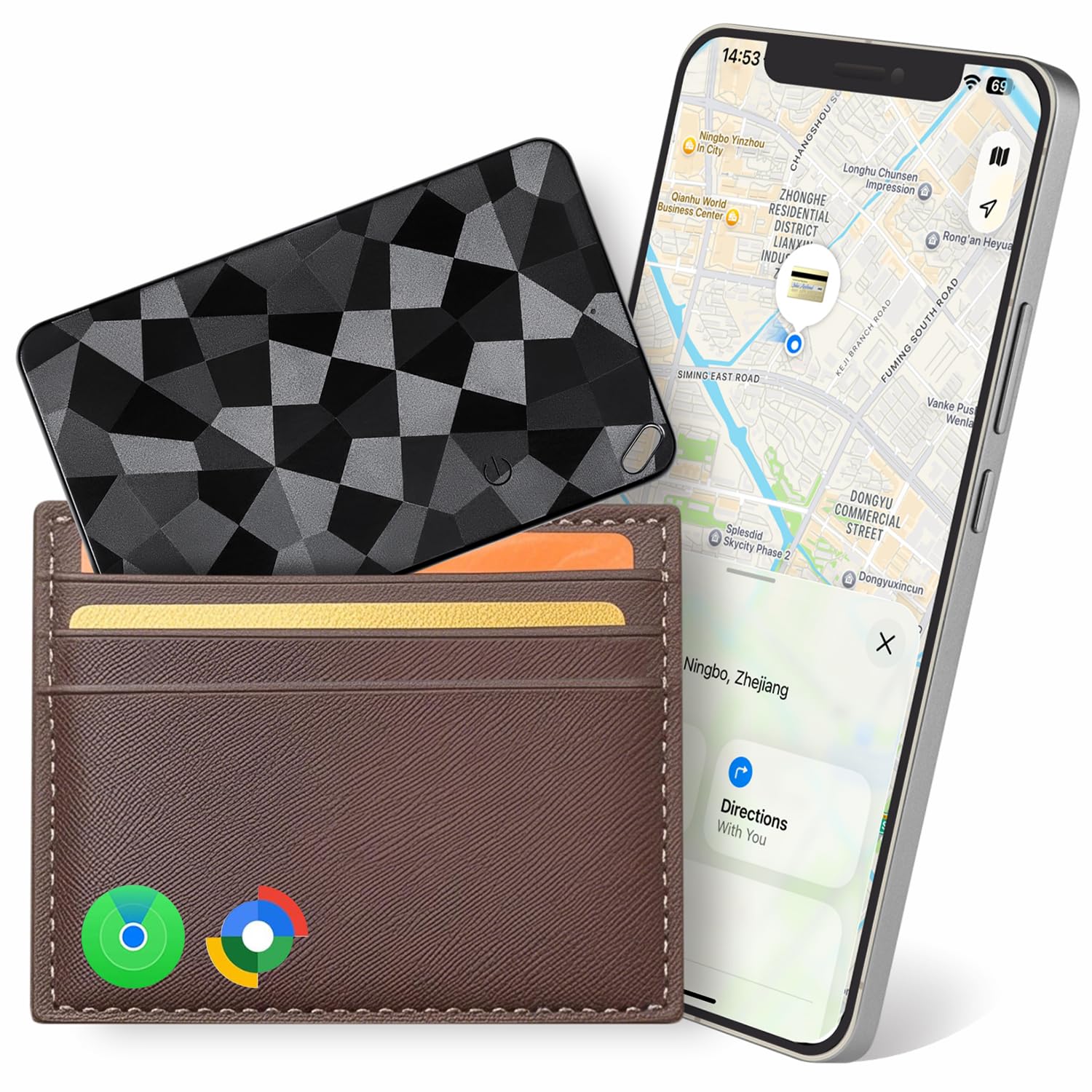 Slim Wallet Tracker Karte Apple Find My & Google Find My – Kompatibel Android iOS für Geldbörse Portemonnaie Passport