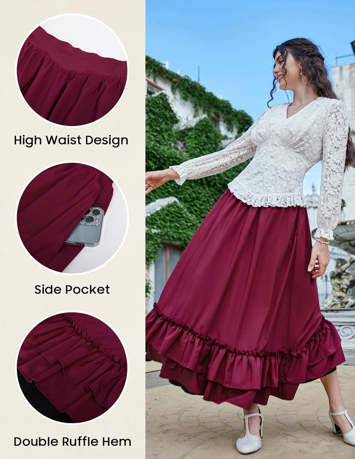 Scarlet Darkness Victorian Maxi Skirt for Women Renaissance Long Double-Layer Ruffle Skirt - Image 4