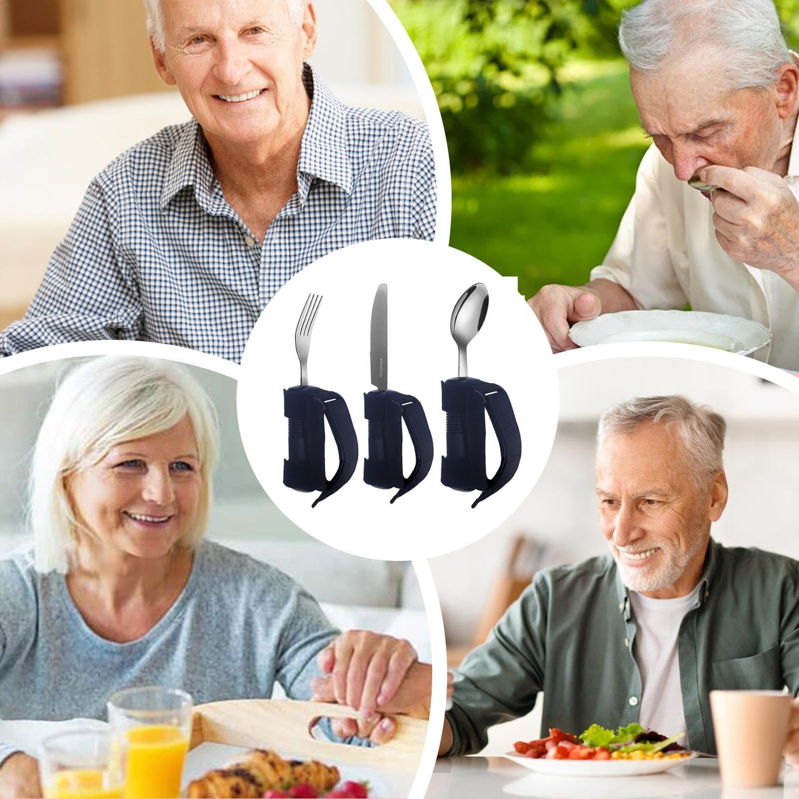 Cubiertos adaptativos para ancianos, 3 utensilios de alimentación para temblores de mano, juego de tenedor de cuchara adaptable para debilidad muscular