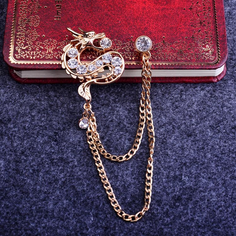Image of coadipress Dragon With Hanging Chain Brooch Pin for Women Men Rhinestone Crystal Dragon Animal Collar Pins Suit Shirt Lapel Pin Fashion Jewelry