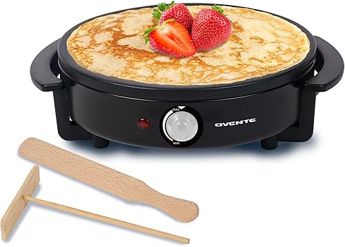 OVENTE Máquina eléctrica para crepas y placa de cocción para panqueques con placa caliente antiadherente de 12 pulgadas, luz indicadora LED, control