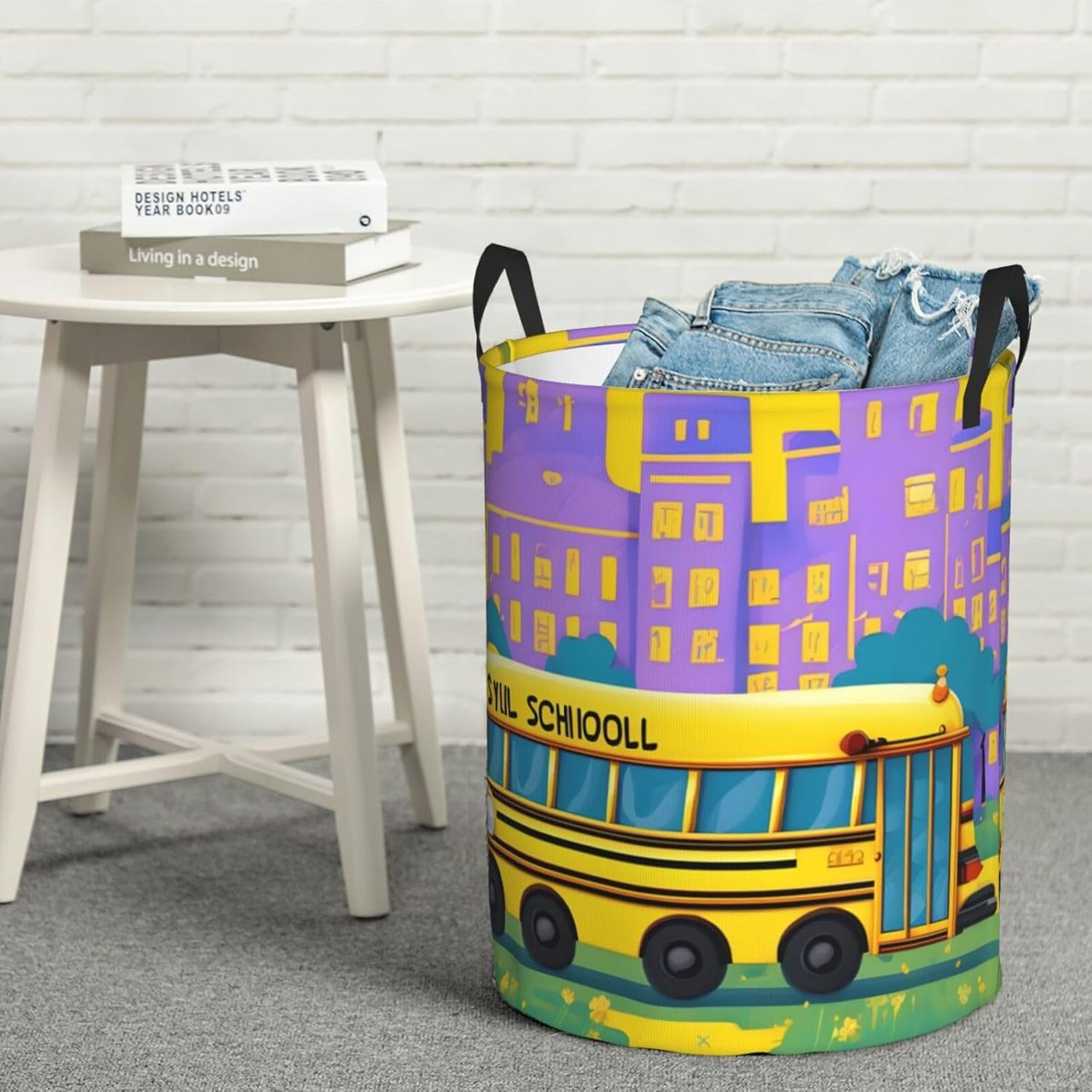 School Bus Print Circular Protable Storage Bin,Basket For Laundry Hamper With Handles Bedroom Clothes