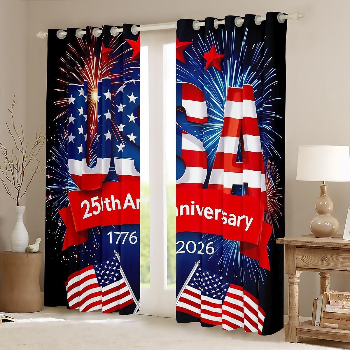 Feelyou America Flag Curtains for Bedroom Living Room 250th Anniversary American Blackout Darkening Drapes Personalized Initial USA Window Treatments, 2 Panels 38 x 45 Inch Red Room Decor 4th of July image 2