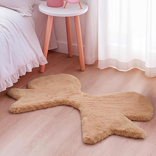 Tinideya Tan Bow Rug 2 x 3 ft Cute Coquette Bow Area Rugs with 6 Pcs 3.94 x 3.94'' Anti Slip Stickers Faux Rabbit Fur Bedside Carpet with Serged Edge for Bedroom Nursery Playroom Home Floor Decor