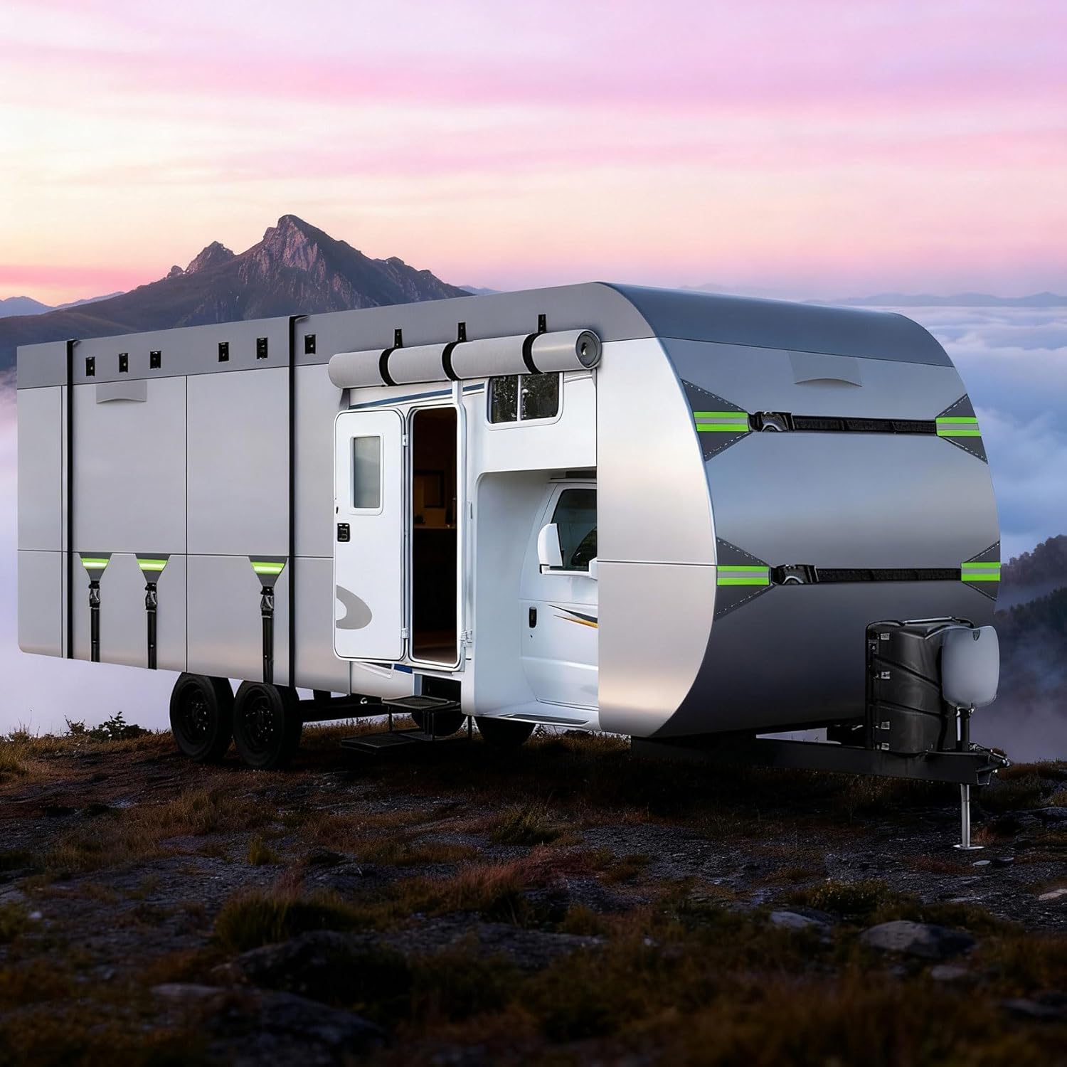 RV Cover Upgraded 8 Layers Top Camper Cover Windproof Travel Trailer RV Cover with Waterproof PU Coating Camper Cover Motorhome Camper Covers (Fits 24'-27' - 324" L X 102" W X 104" H)