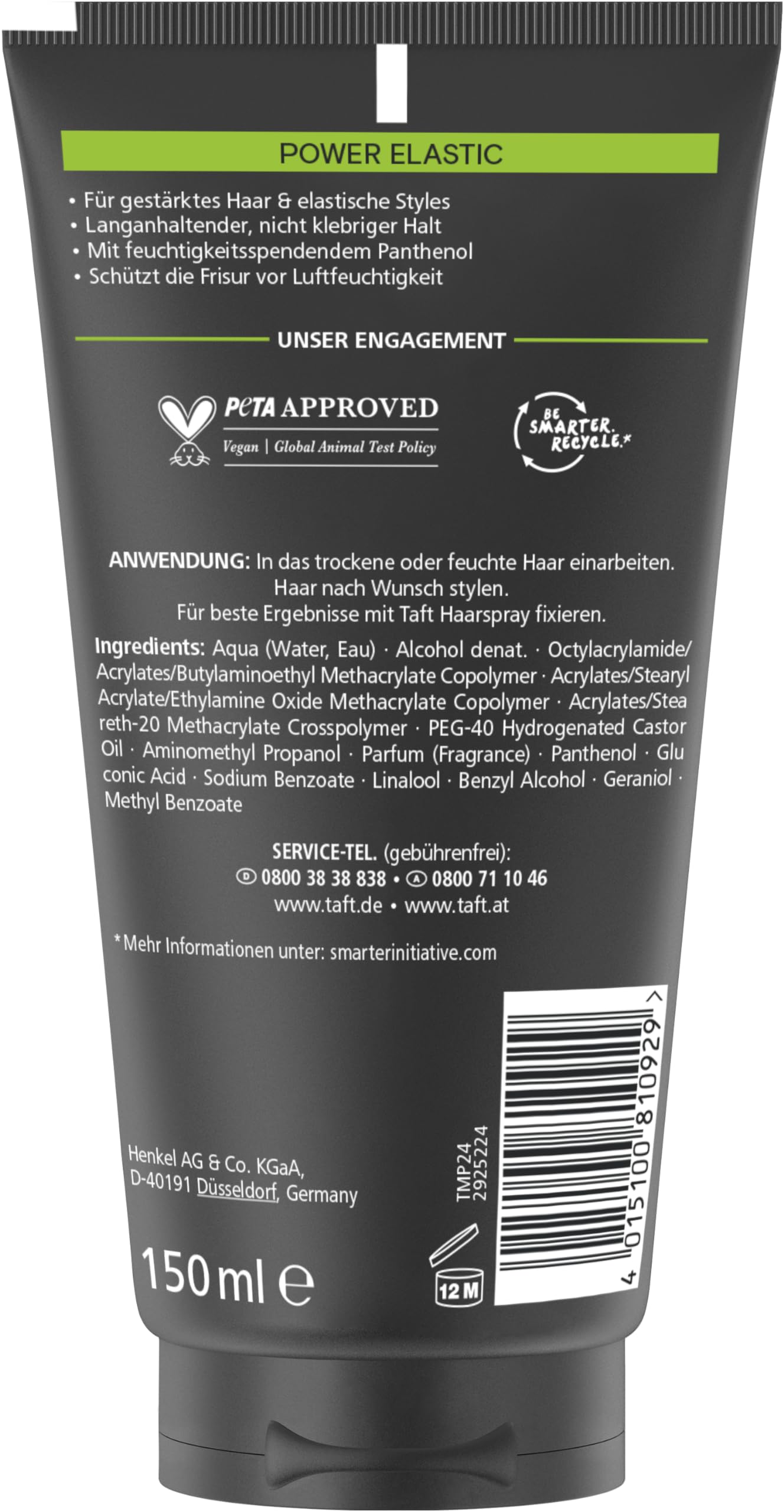 Schwarzkopf Taft Gel Power Elastic (150 ml), żel do włosów, mocny do 48 godzin, delikatny dla włosów i skóry głowy, wegański żel do stylizacji włosów